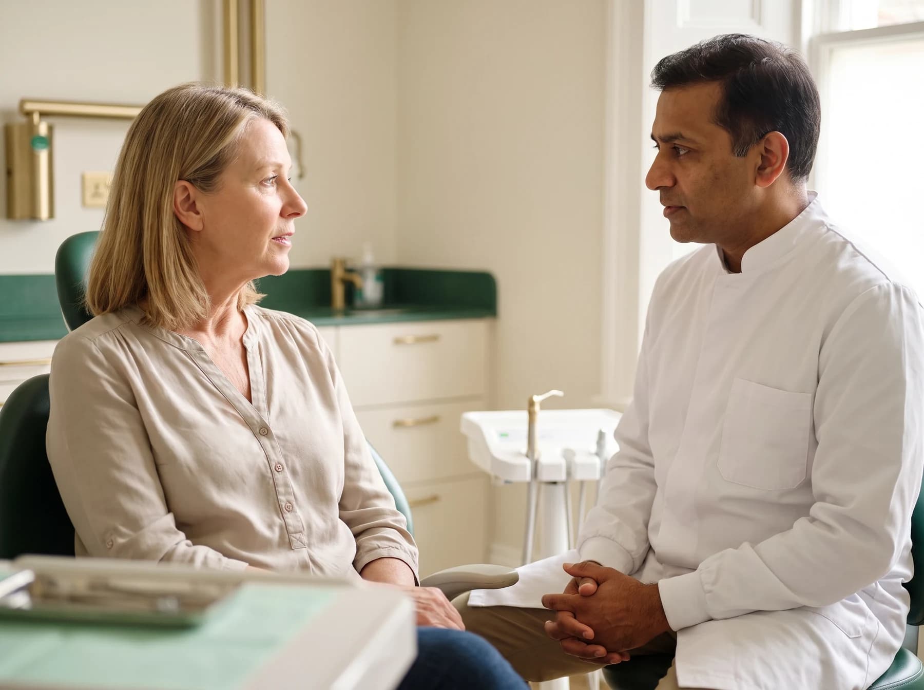 Adult in a dental chair discussing an individual implant-denture review with a dentist.