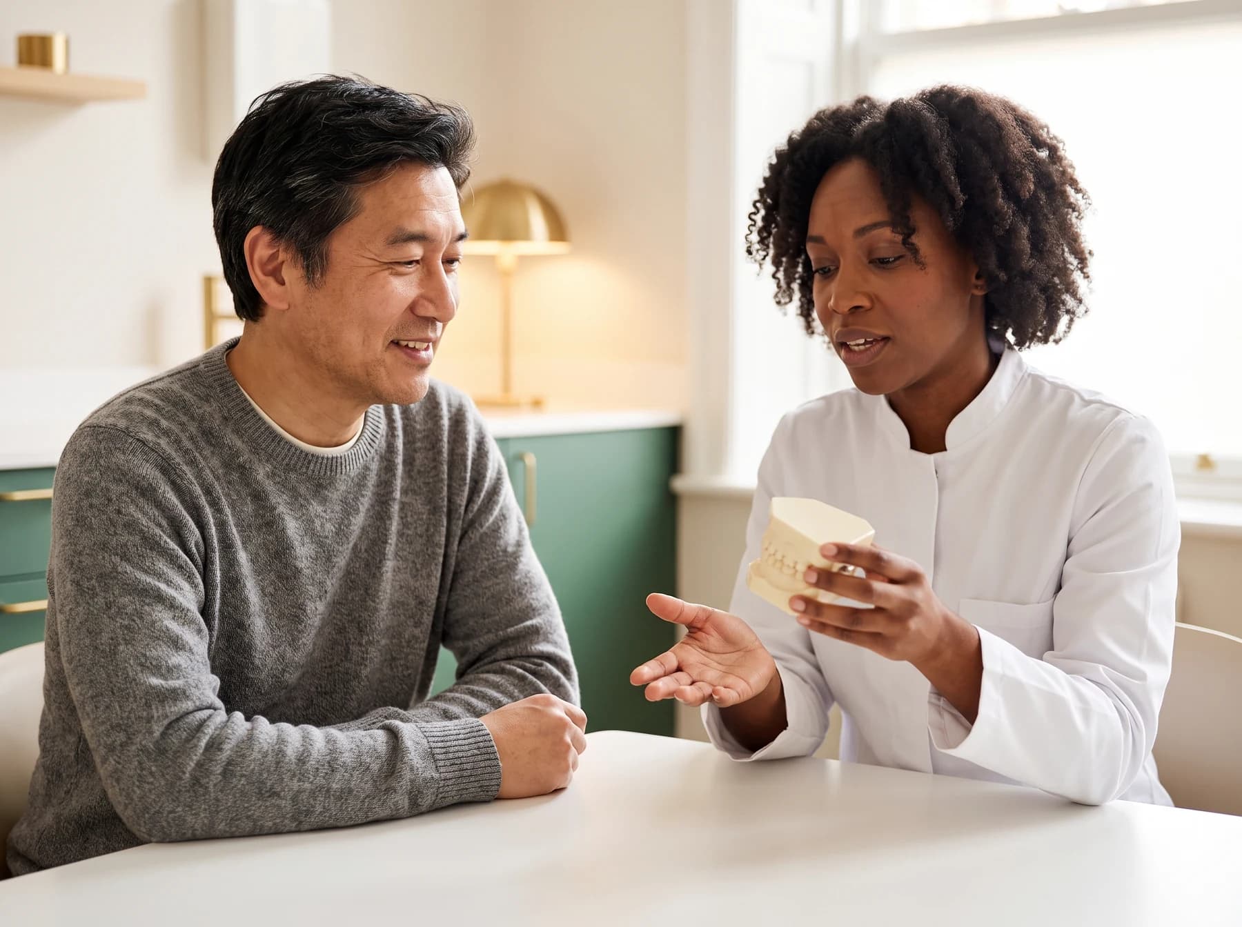 Adult and dentist discussing a neutral full-arch denture teaching model.