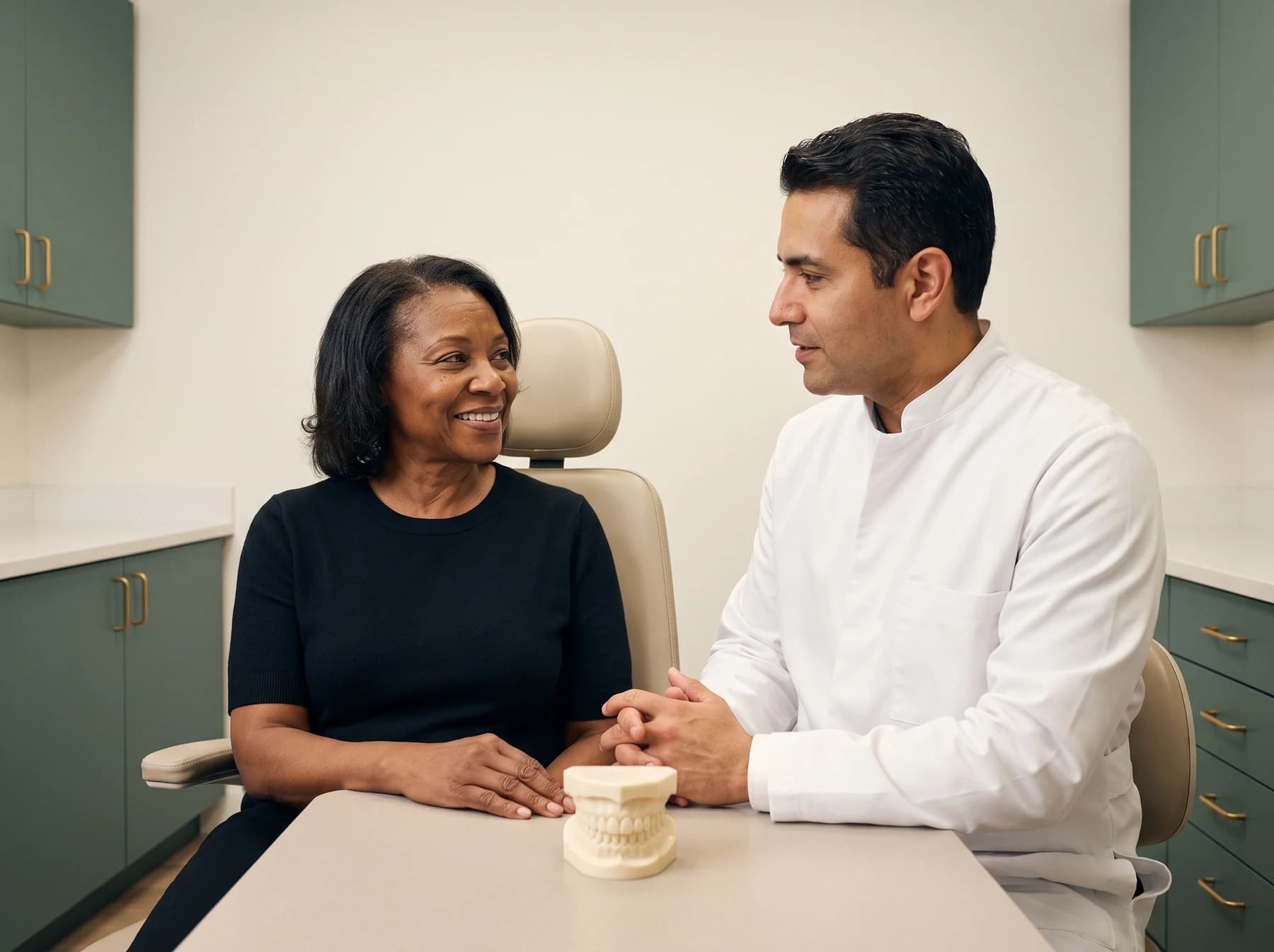 Mature adult discussing implant-denture designs with a dentist beside a full-arch teaching model.