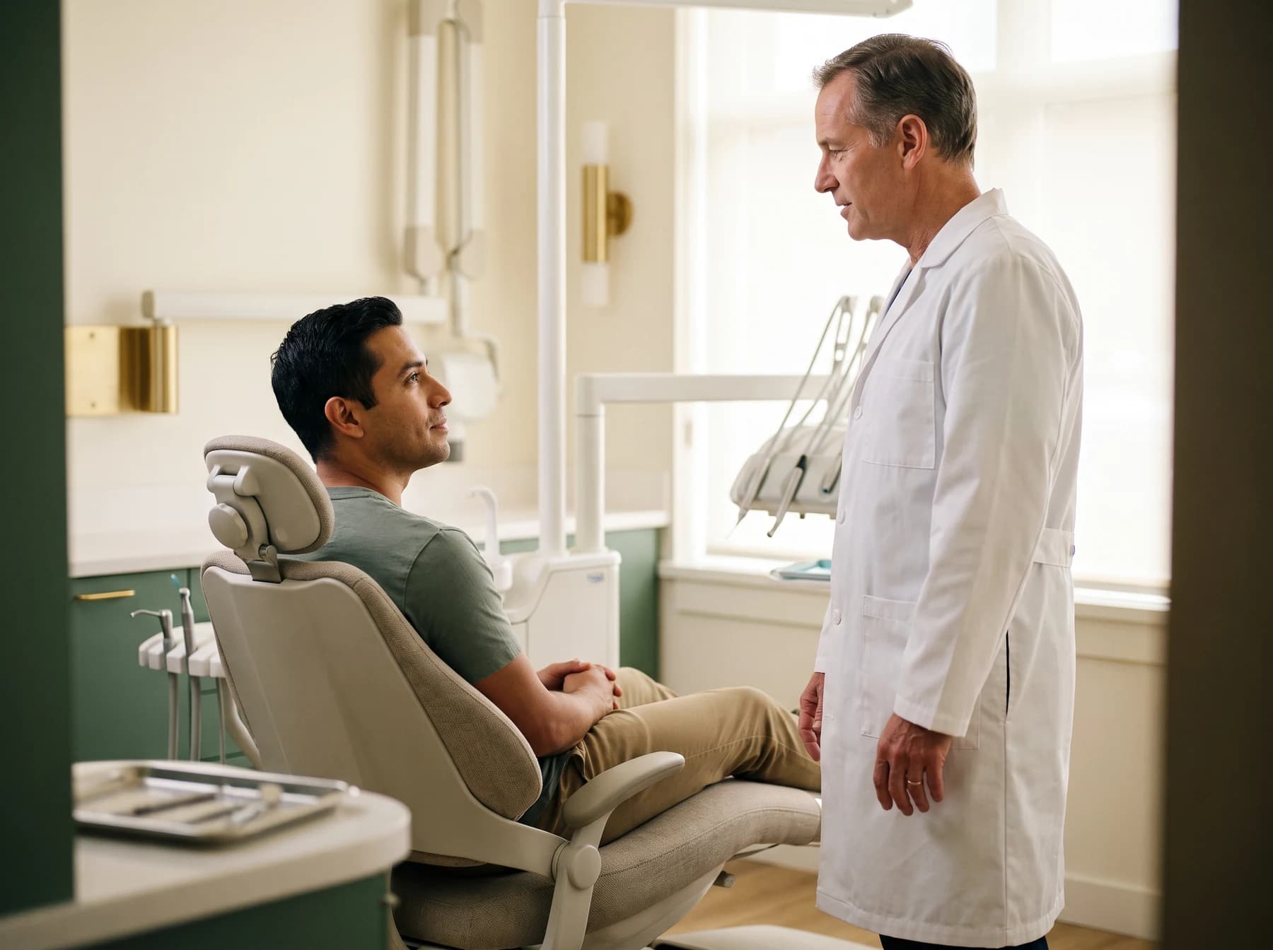Adult in a dental chair discussing an individual single-tooth review with a dentist.