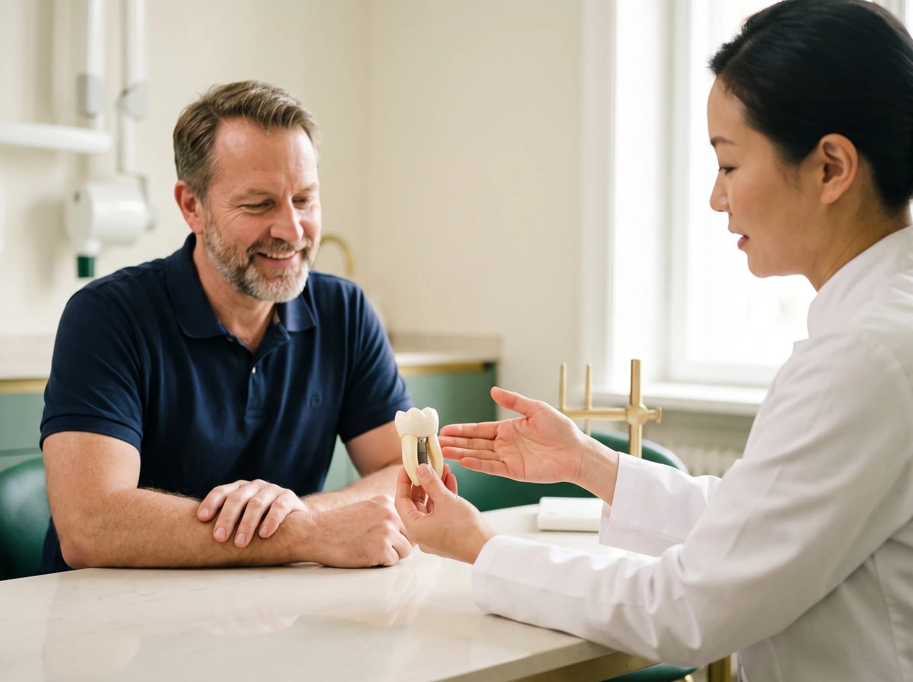 Adult and dentist discussing an unbranded single-tooth implant teaching model.