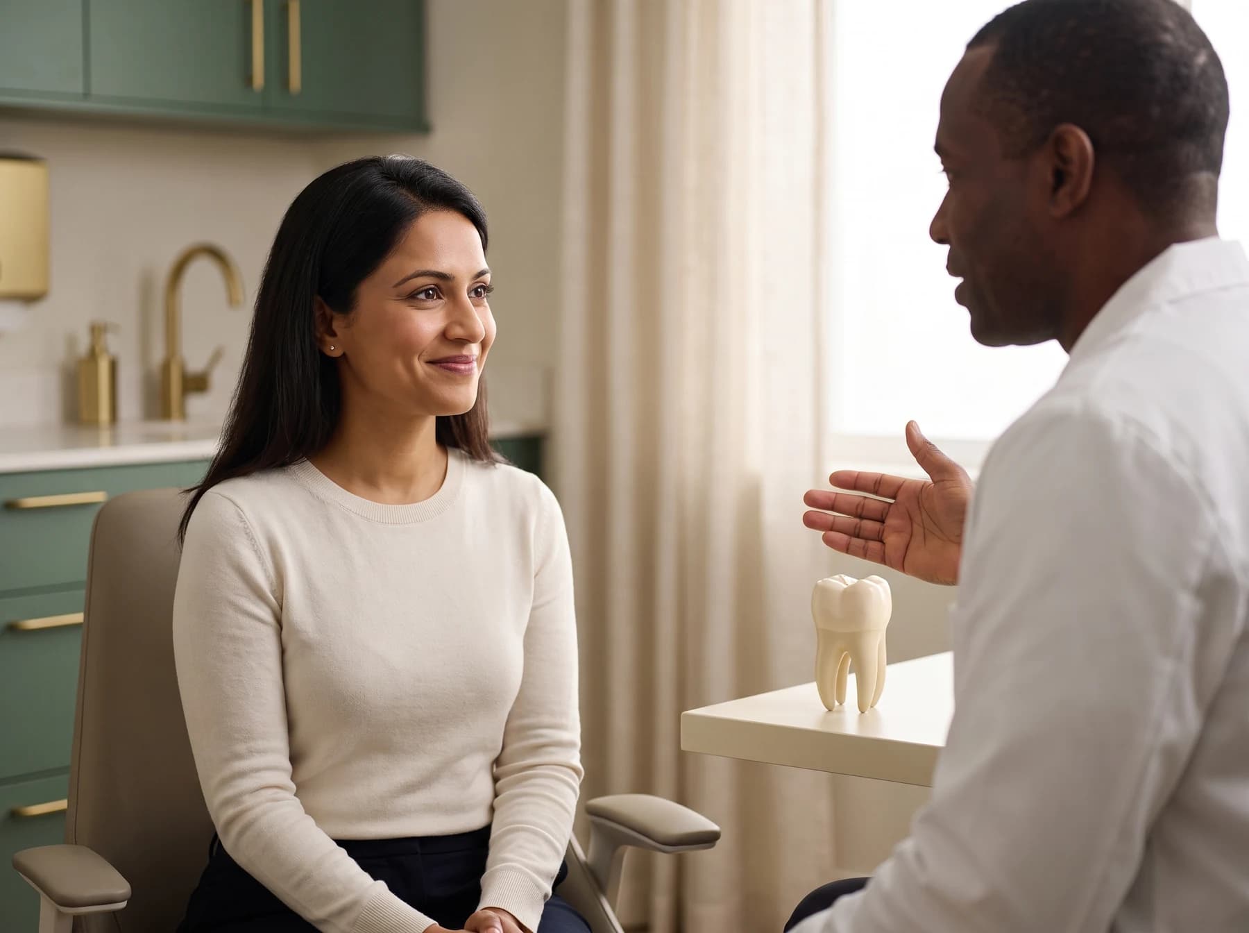 Adult discussing a complete single-tooth implant plan with a dentist beside a teaching model.