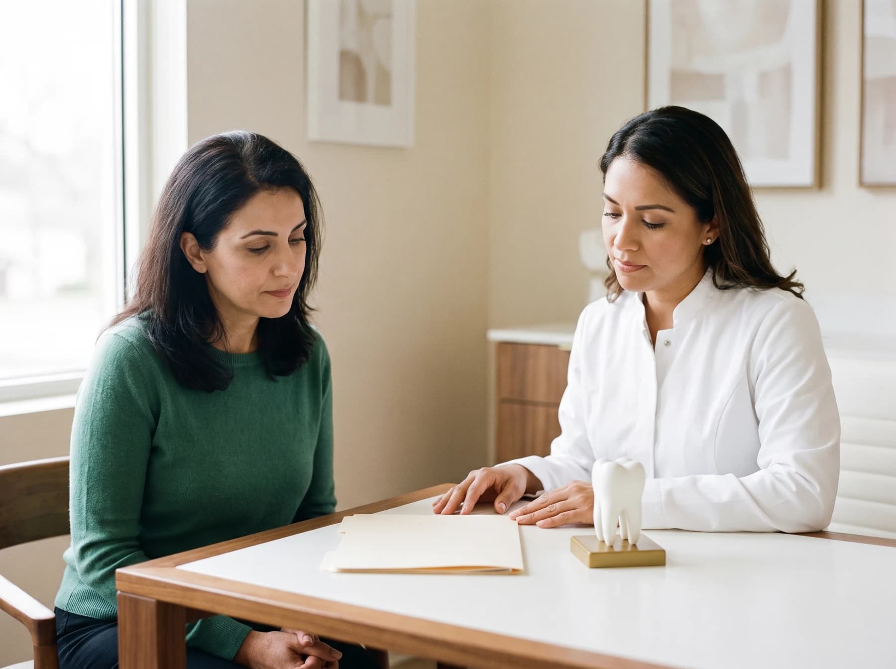 Dentist and adult reviewing a blank record folder beside a single-tooth teaching model.