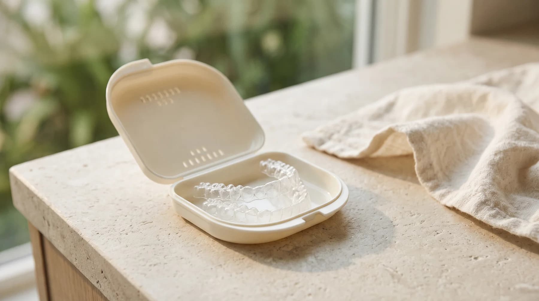 Illustrative still life of transparent dental trays in an open case on a countertop.