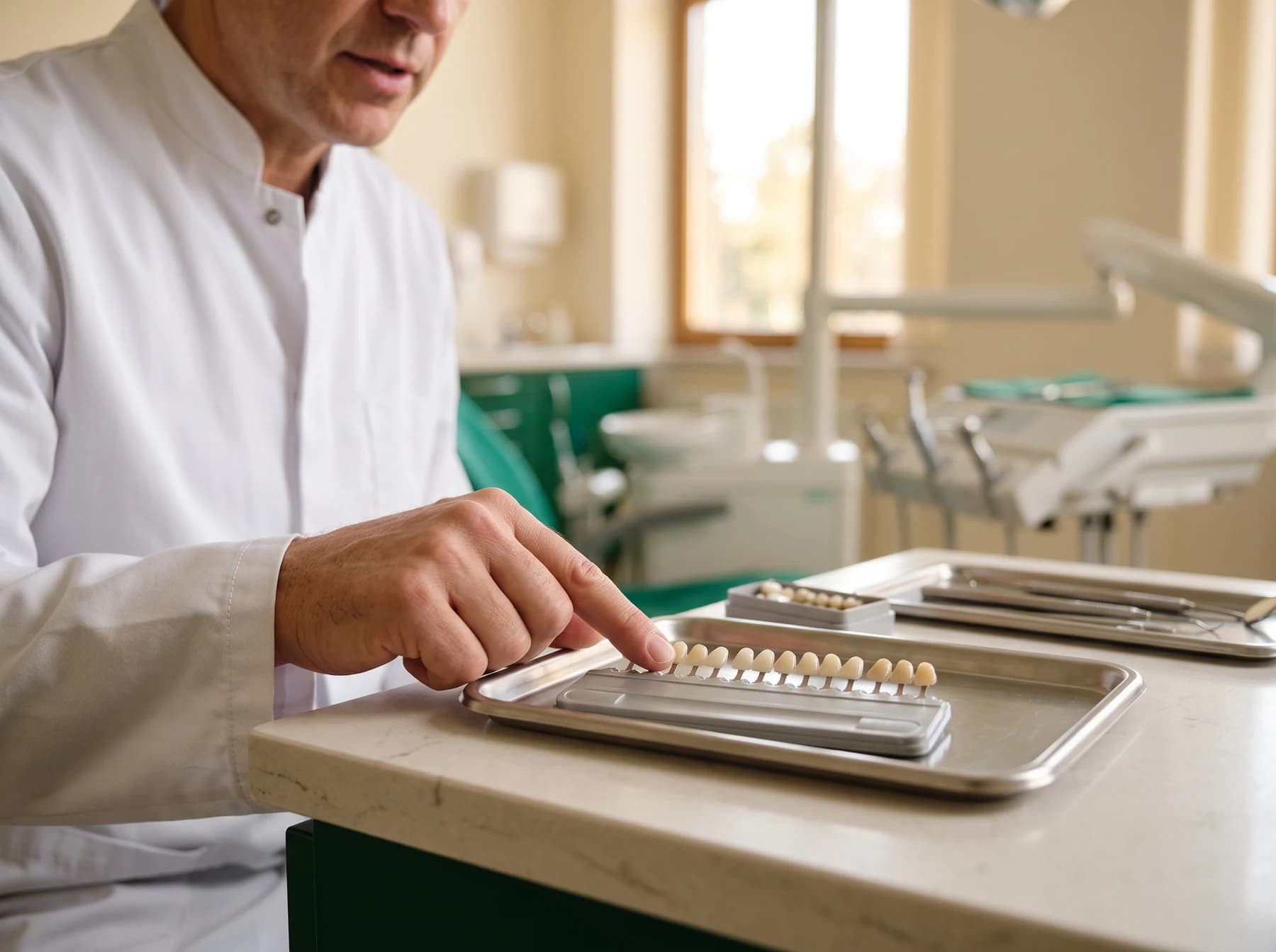 White-coated figure pointing to dental samples on a metal tray