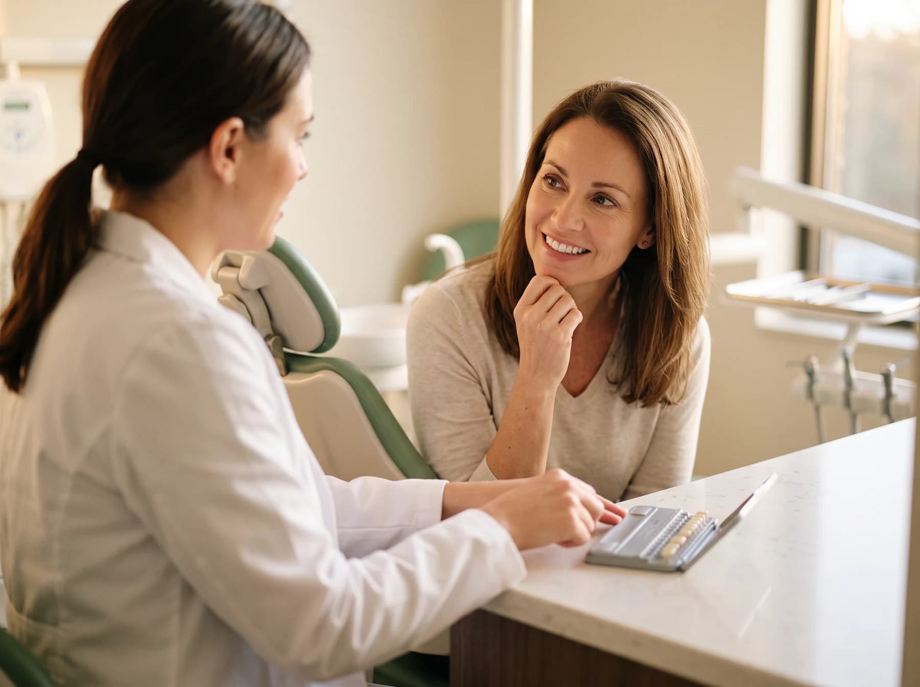 Woman with a hand near her chin talking with a dentist across a counter