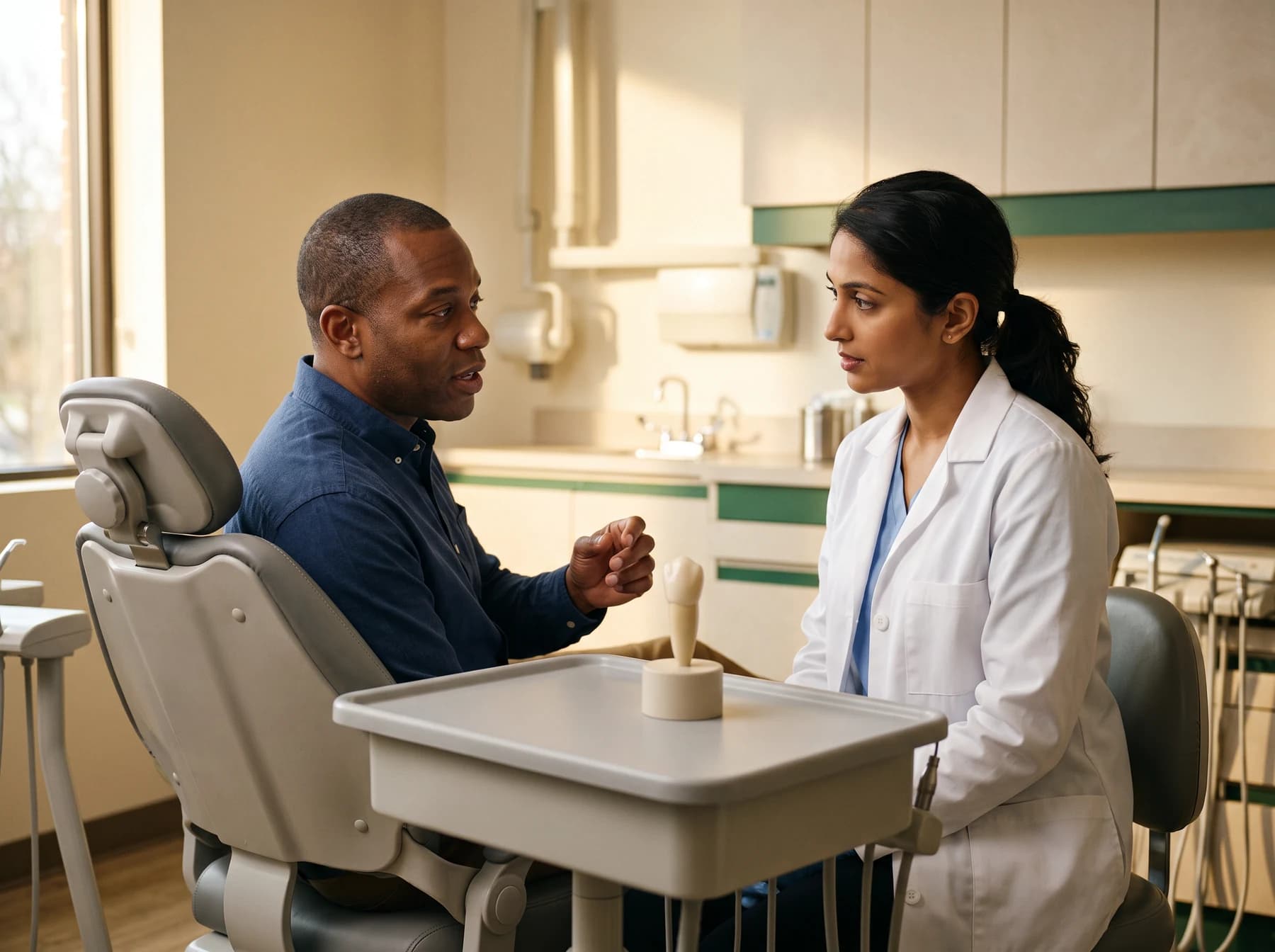 Man in a blue shirt talking with a dentist beside a small tooth model