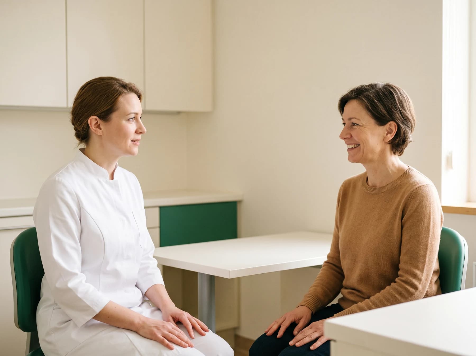 Illustrative adult with a natural smile talking with a white-coated dentist in a consultation room.