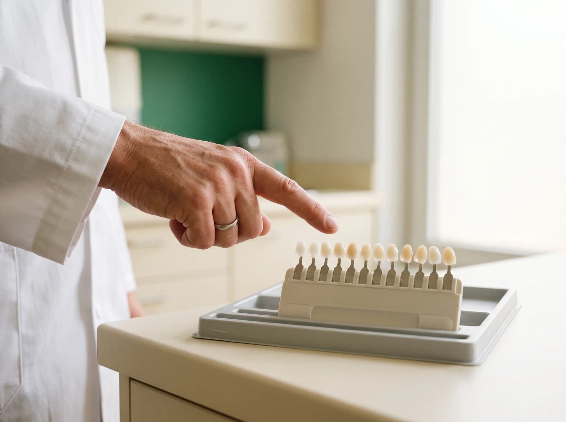 White-coated dentist pointing to tooth-shade samples on a dental tray.