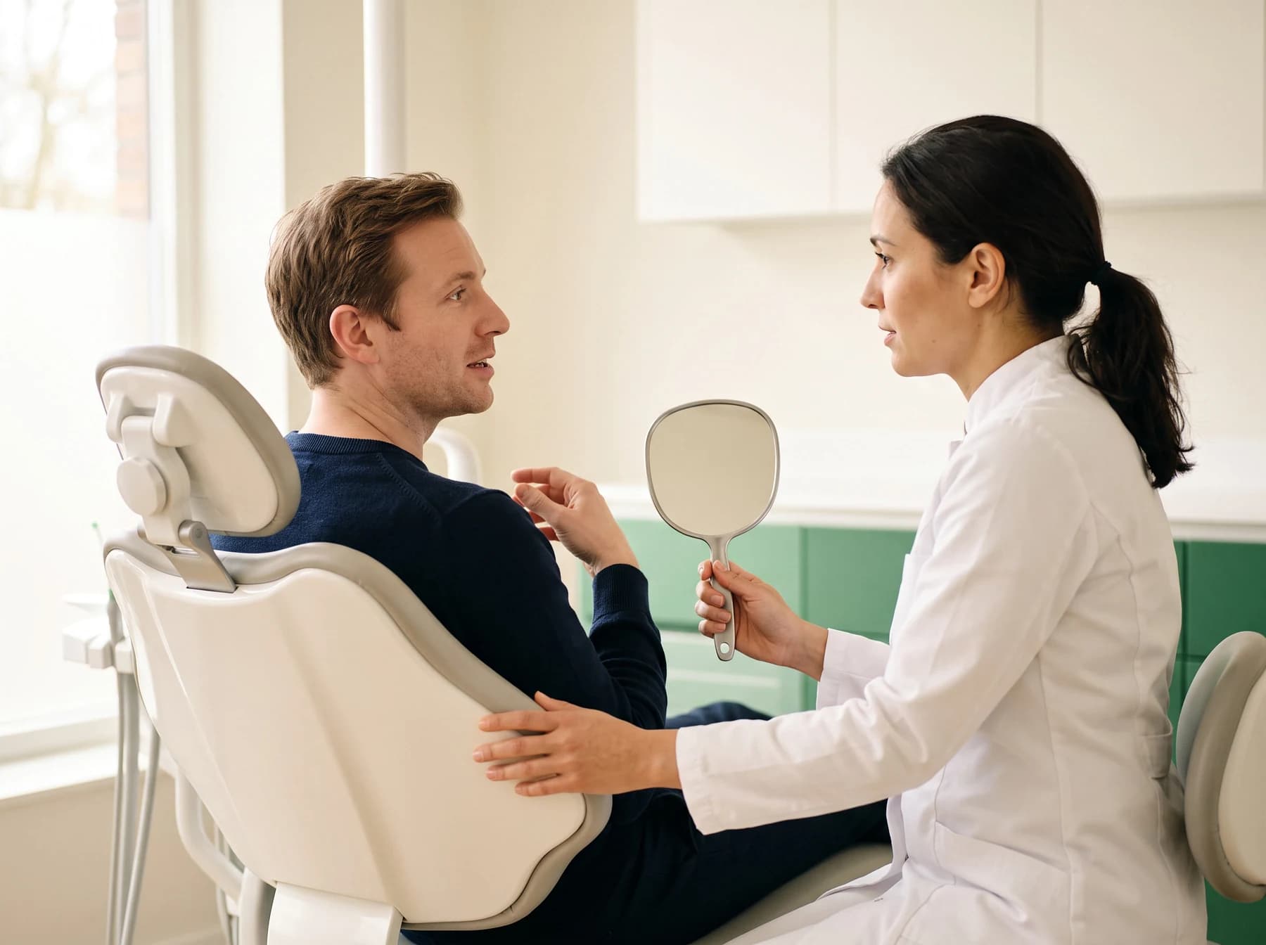 Adult in a dental chair talking with a white-coated dentist holding a plain mirror.