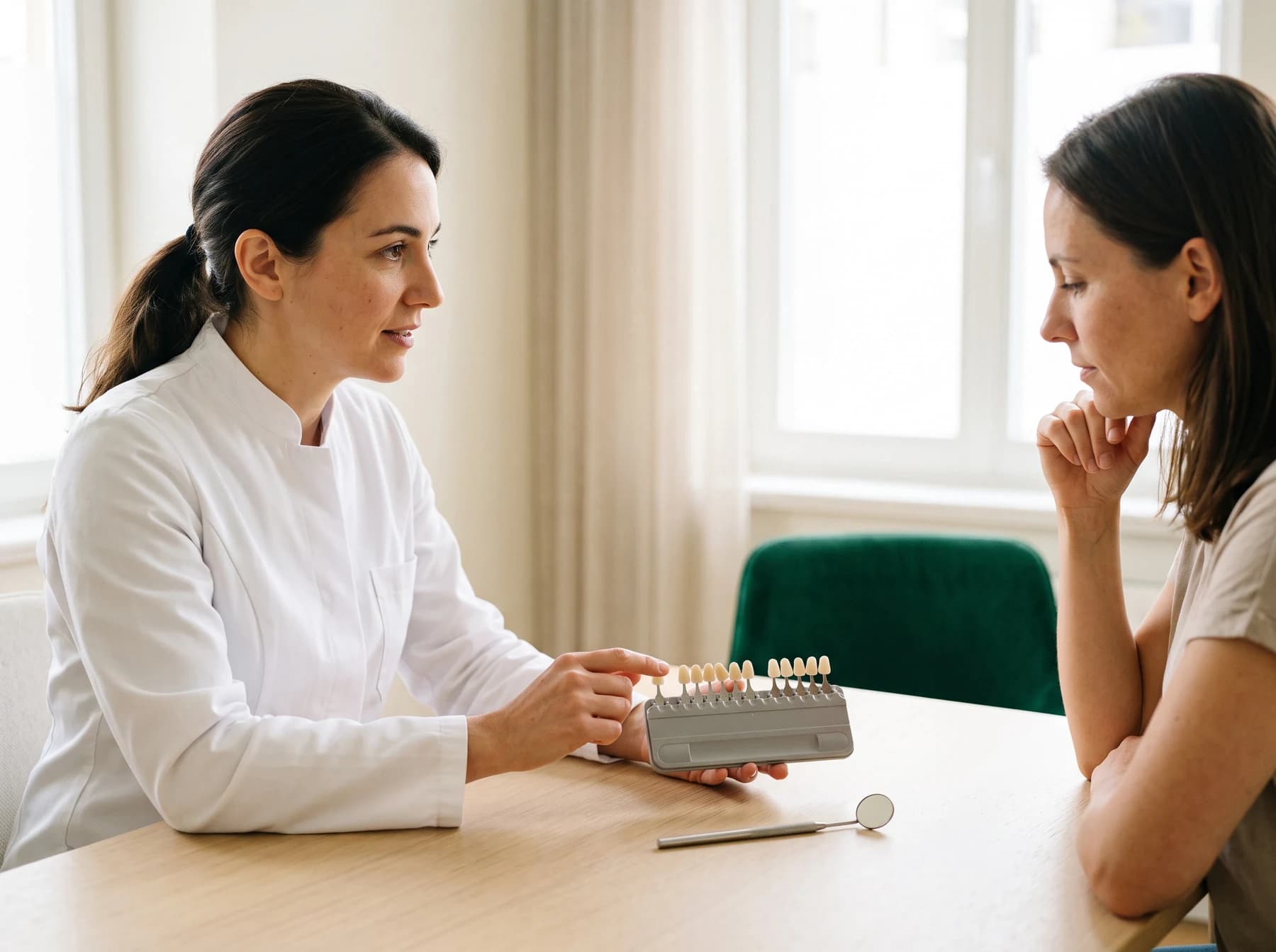 White-coated dentist and adult discussing tooth-shade samples beside a dental mirror.