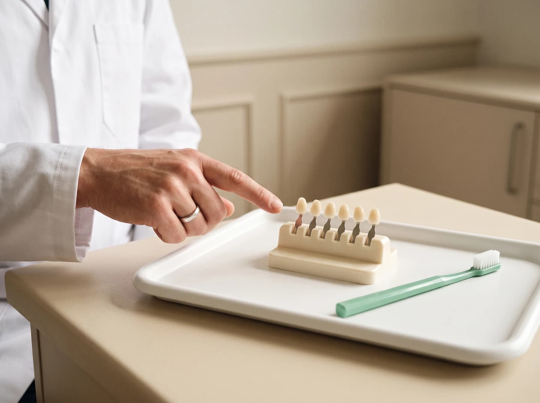 Hand pointing toward tooth-shade samples on a tray beside a green toothbrush.