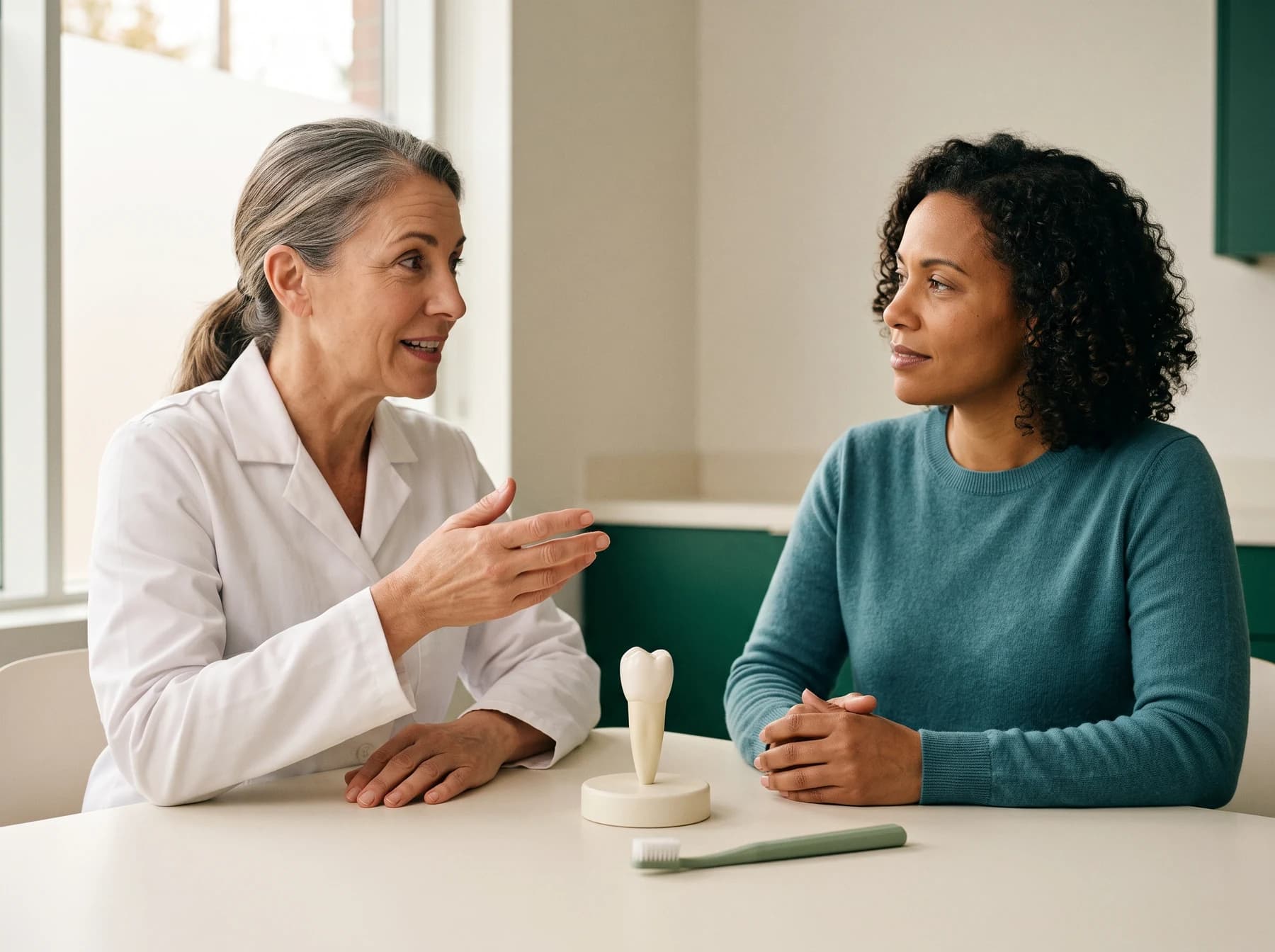Dentist gesturing beside a tooth model while a woman in a teal sweater listens.
