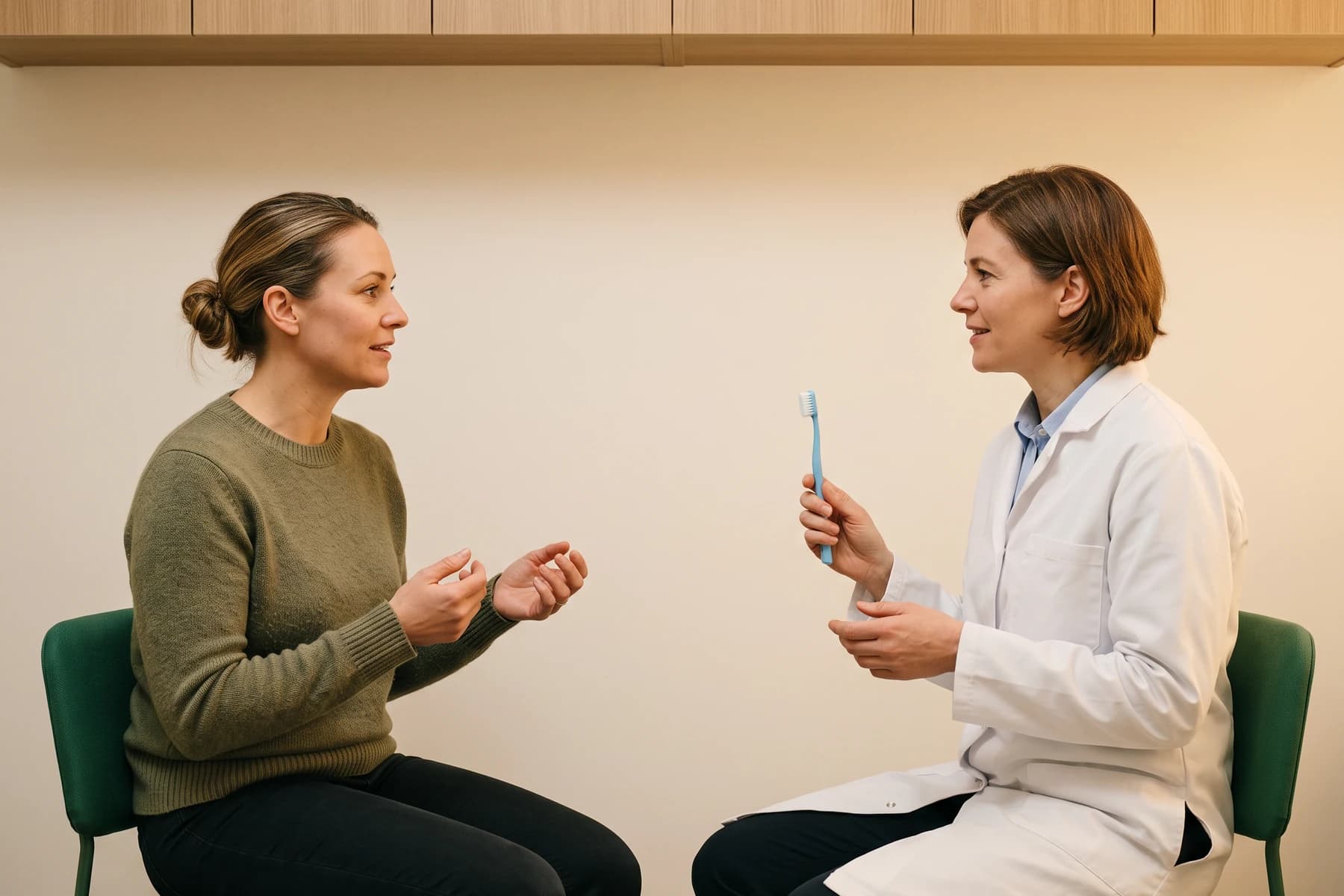 Illustrative home-care discussion with a dentist holding a plain toothbrush.