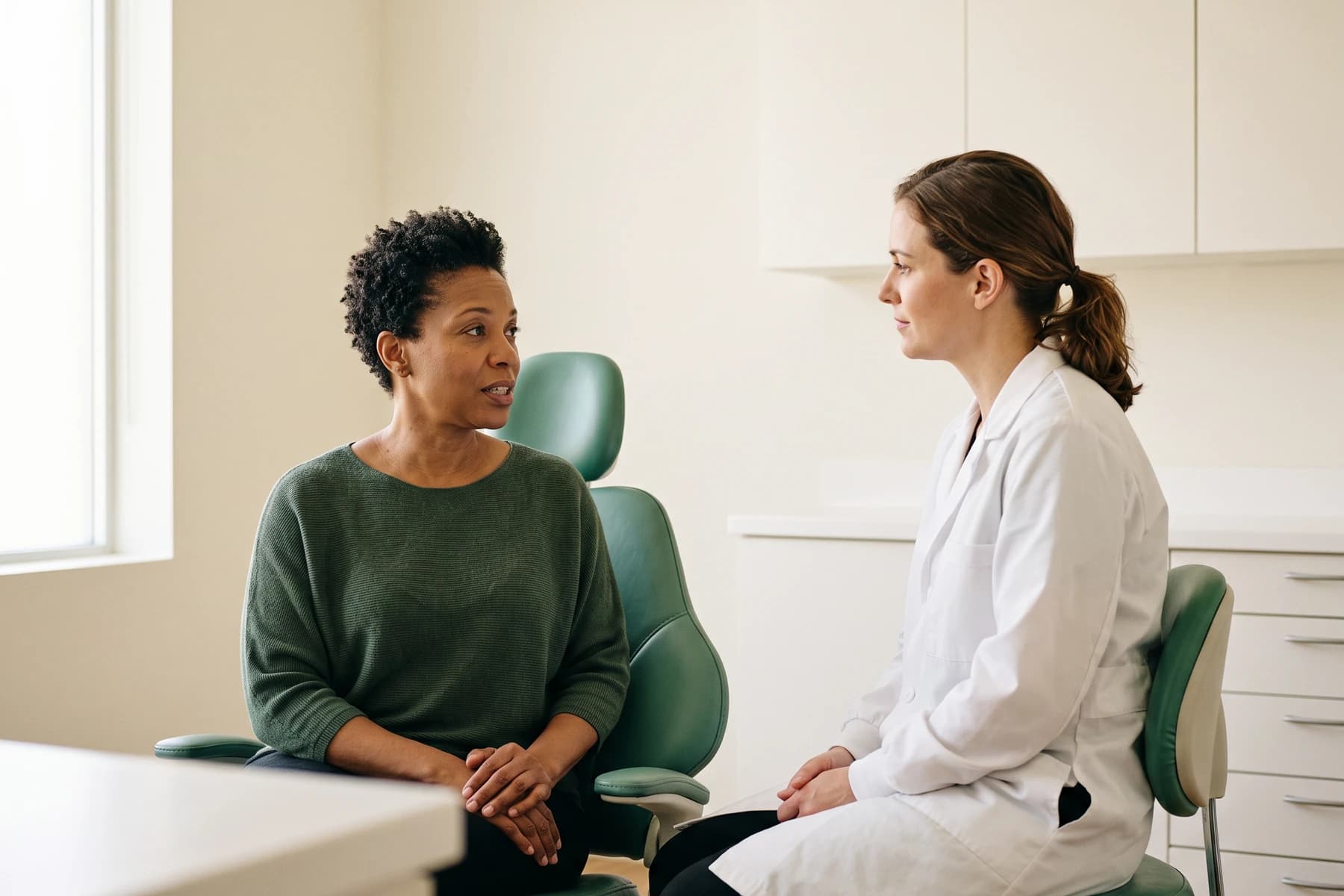 Illustrative dental consultation with an adult seated in a dental chair and a dentist in a white coat.