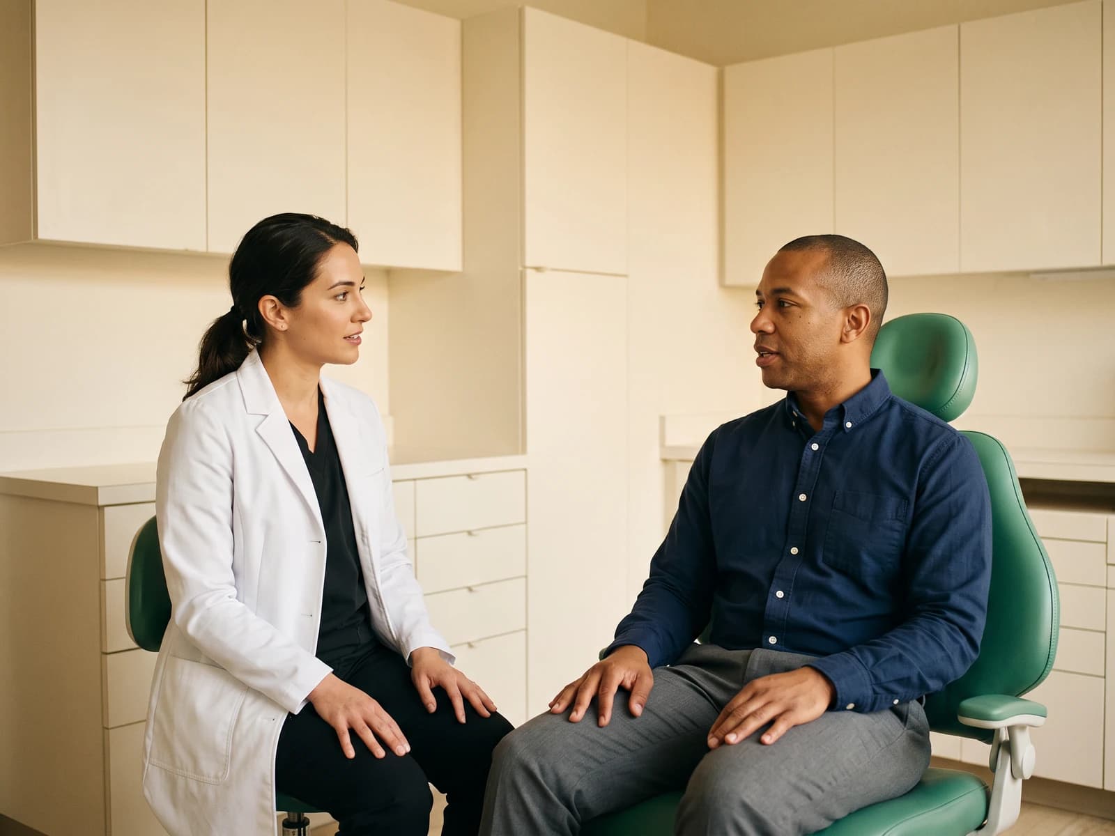 Illustrative dental consultation with an adult in a navy shirt sitting upright opposite a dentist.