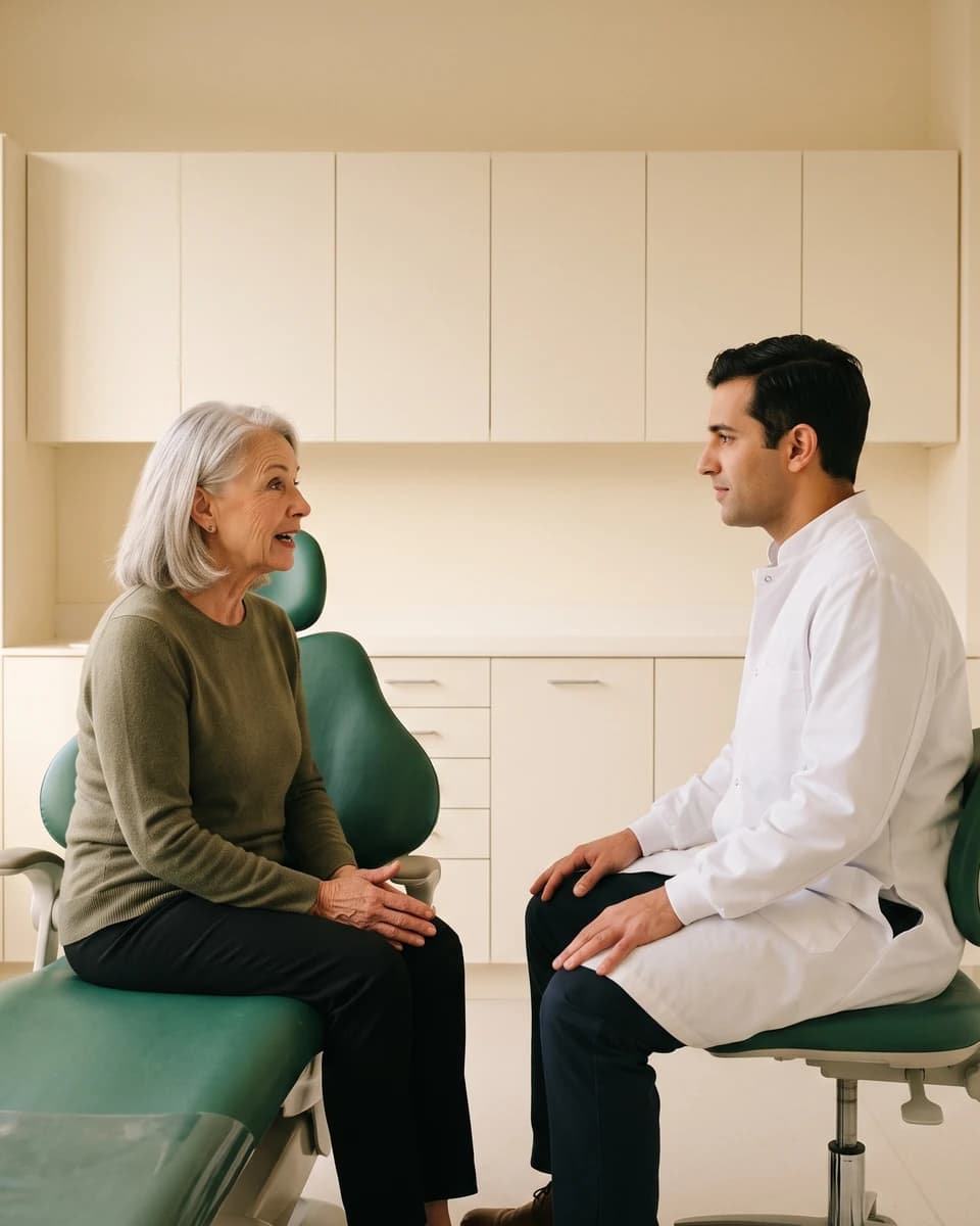 Illustrative dental consultation with an older adult and a dentist seated facing each other.
