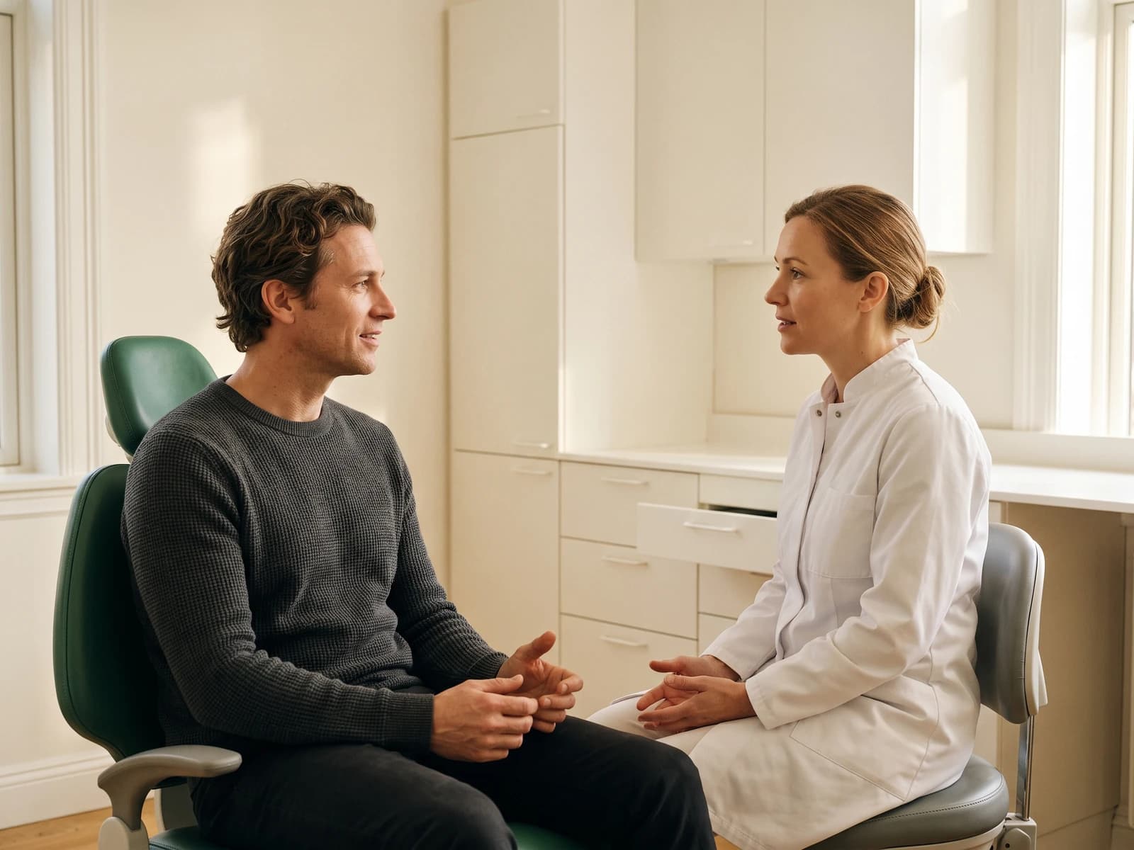Illustrative dental consultation with an adult and a dentist discussing care.