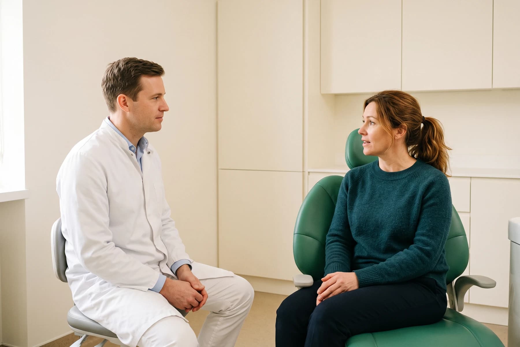 Illustrative dental consultation with an adult seated in a dental chair and a dentist in a white coat.