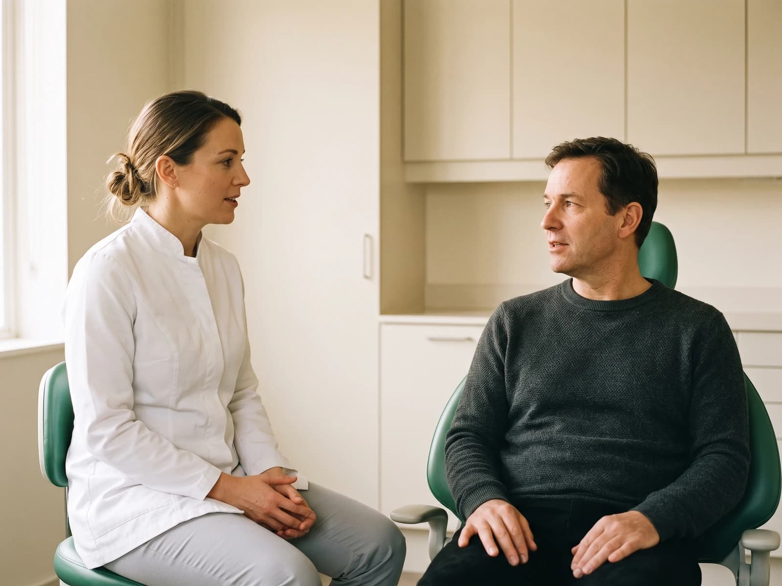 Illustrative dental consultation between an adult and a dentist in a white coat.