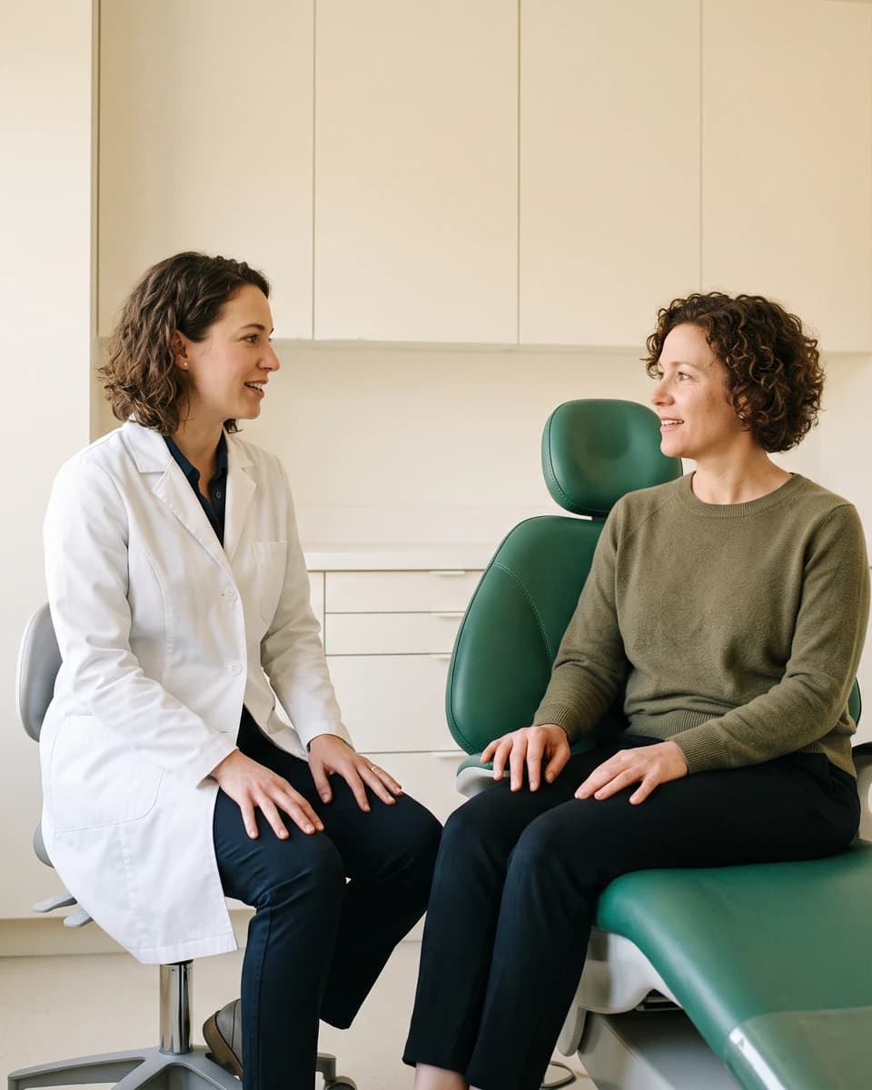 Illustrative dental consultation with an adult in an olive sweater seated beside a dentist on a stool.