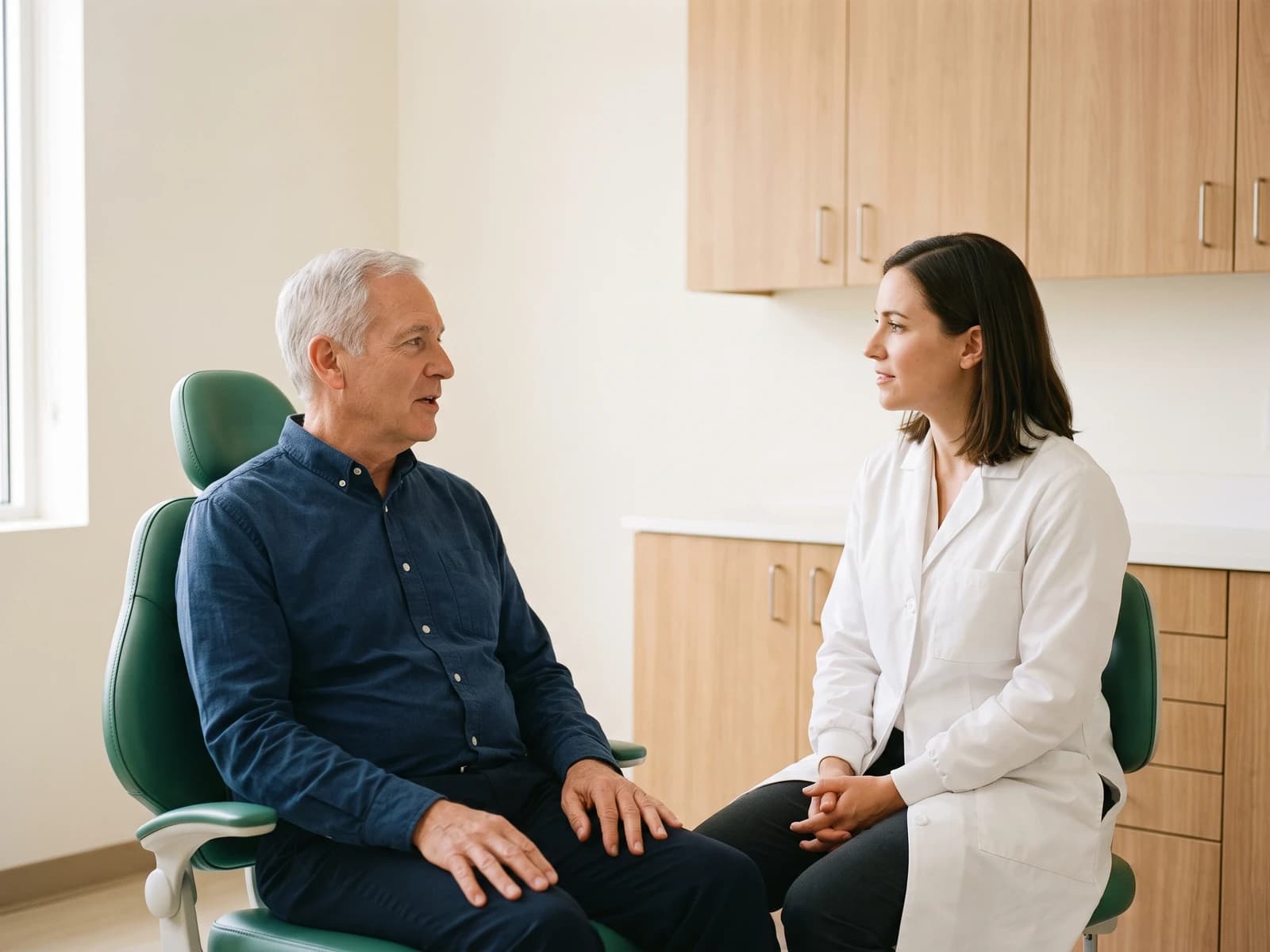 Illustrative dental consultation with an adult with gray hair speaking while a dentist listens with hands clasped.