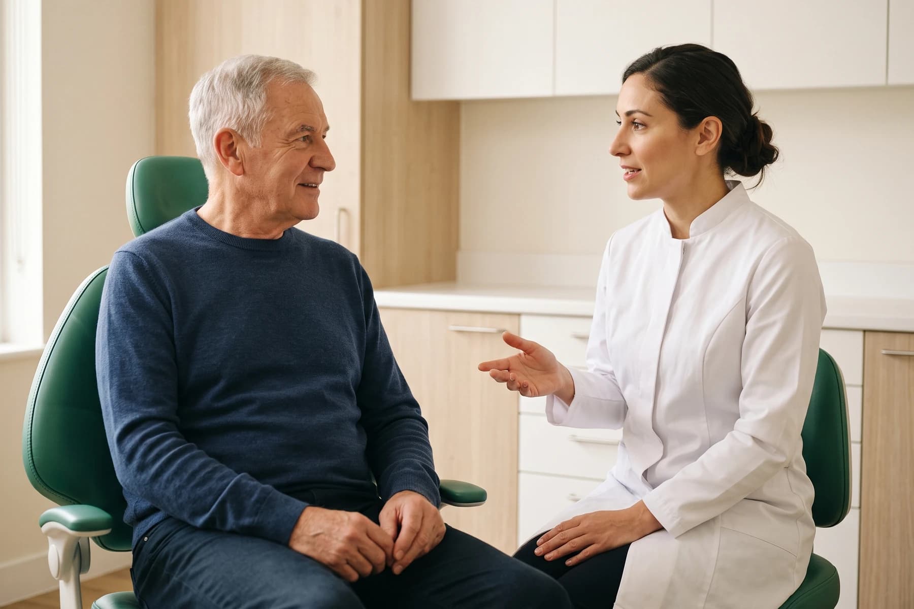 Illustrative dental consultation between an adult and a dentist in a white coat.