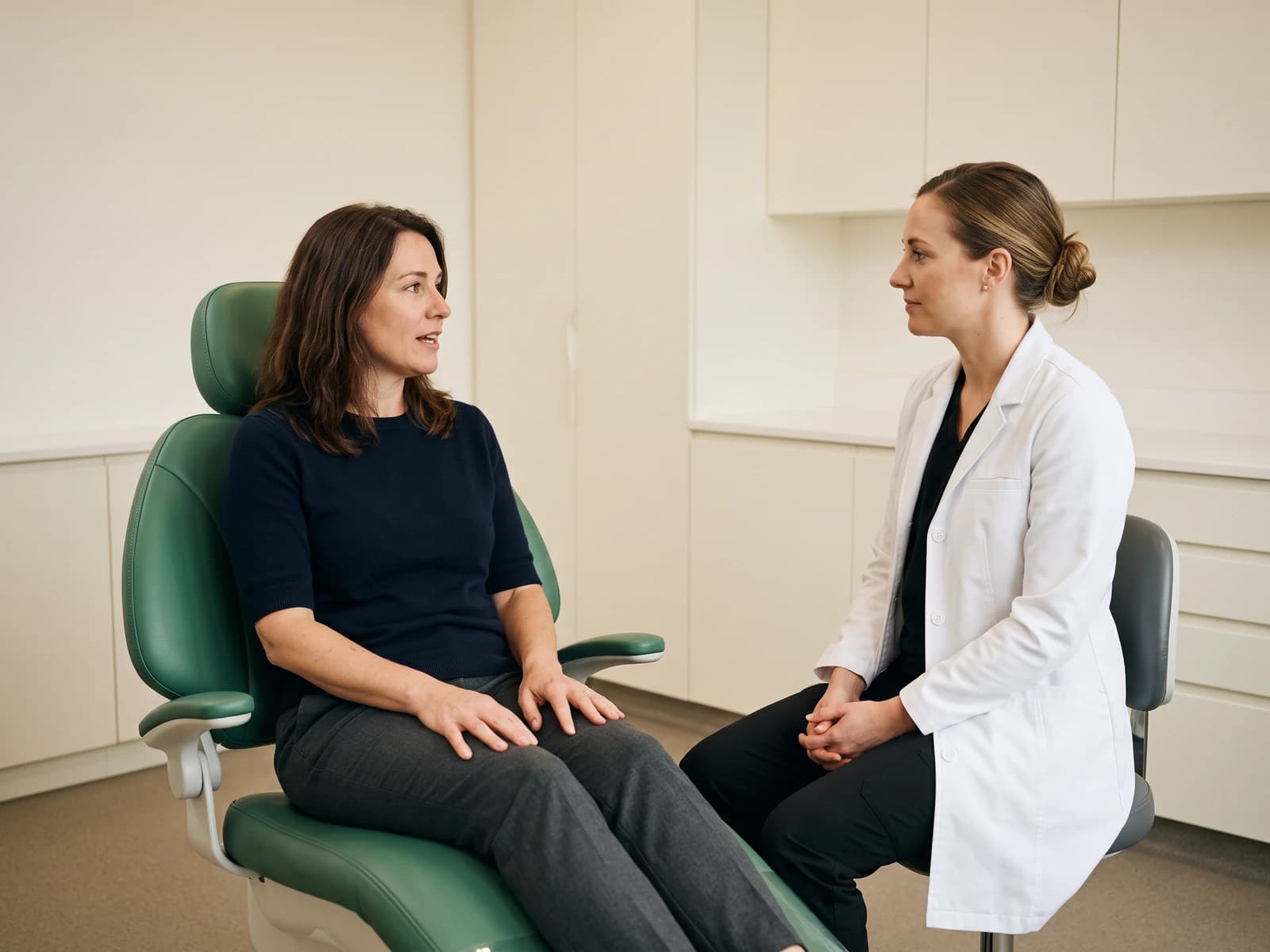 Illustrative dental consultation with an adult seated in a dental chair and a dentist in a white coat.