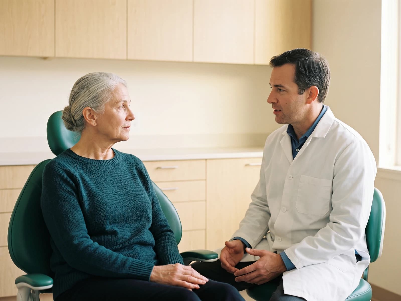 Illustrative dental consultation with an adult in a teal sweater listening as a dentist gestures.
