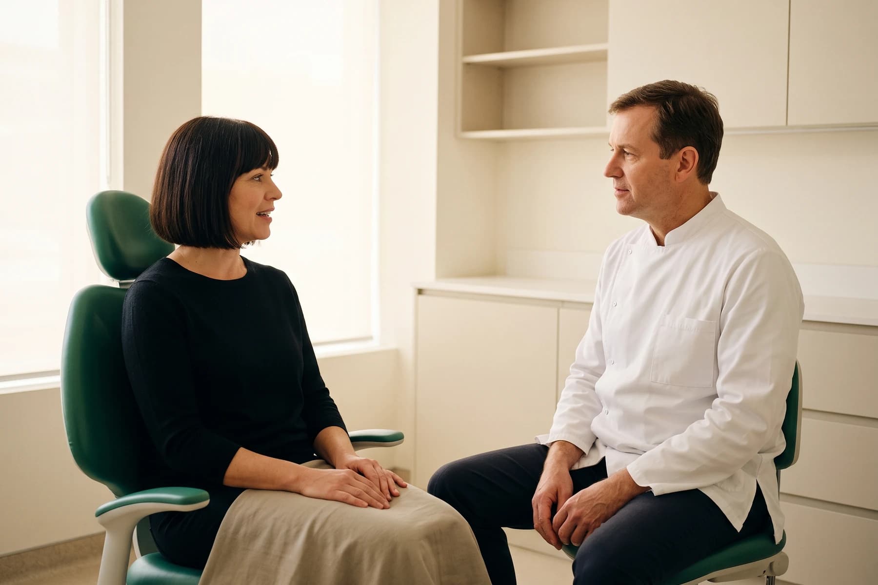 Illustrative dental consultation between an adult and a dentist in a white coat.