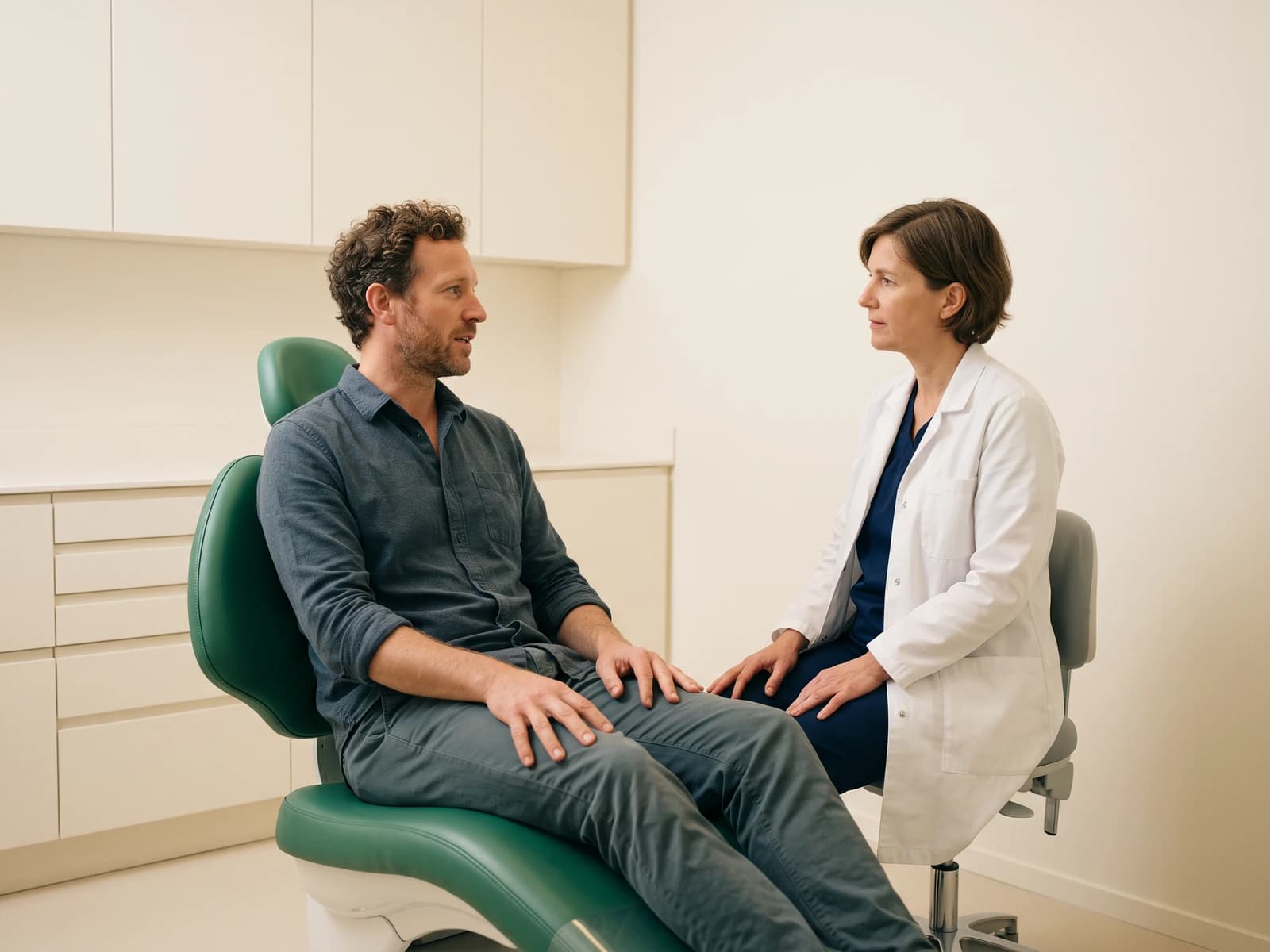Illustrative dental consultation with an adult seated in a dental chair and a dentist in a white coat.