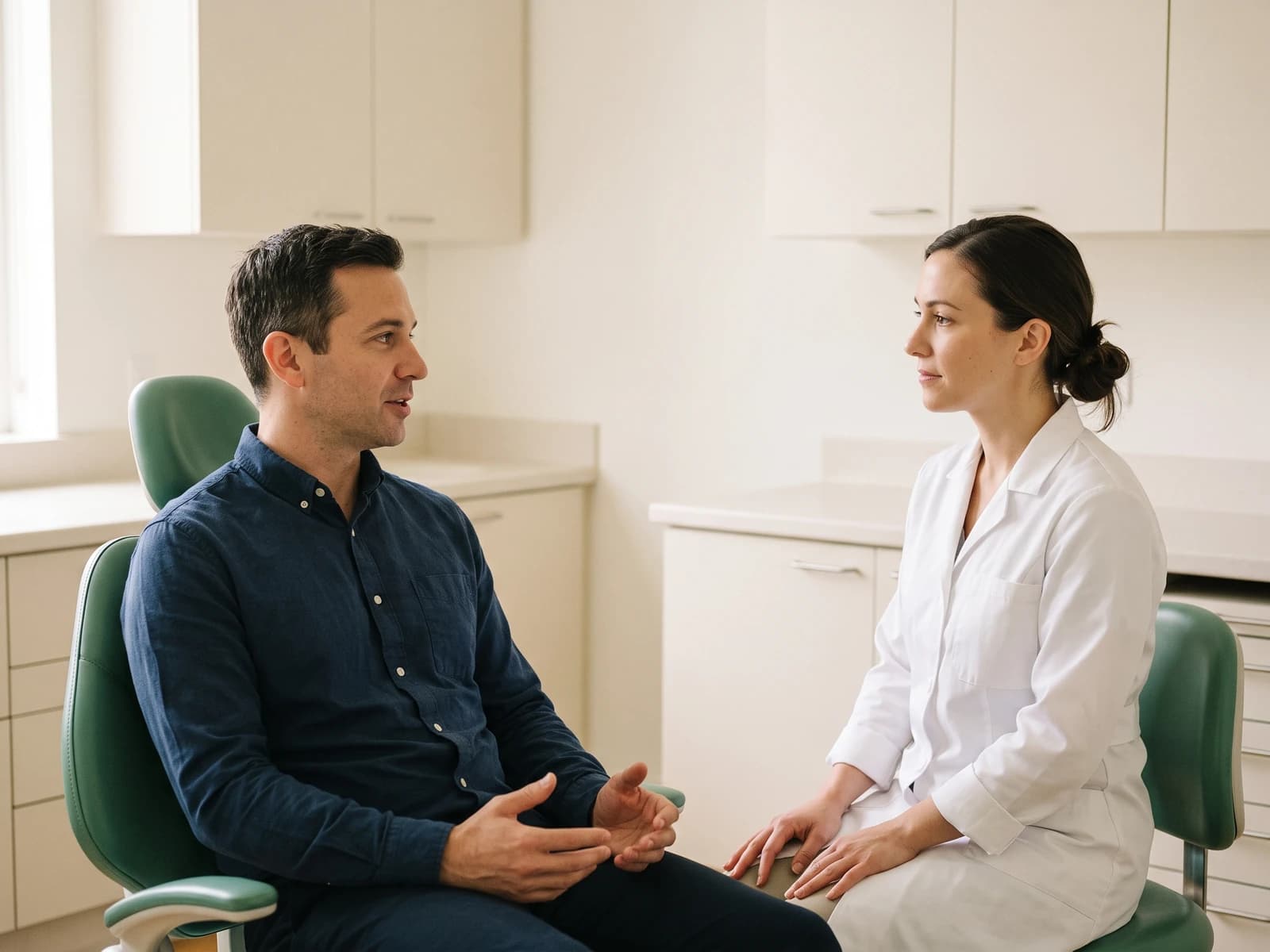 Illustrative dental consultation with an adult gesturing with both hands while a dentist listens.