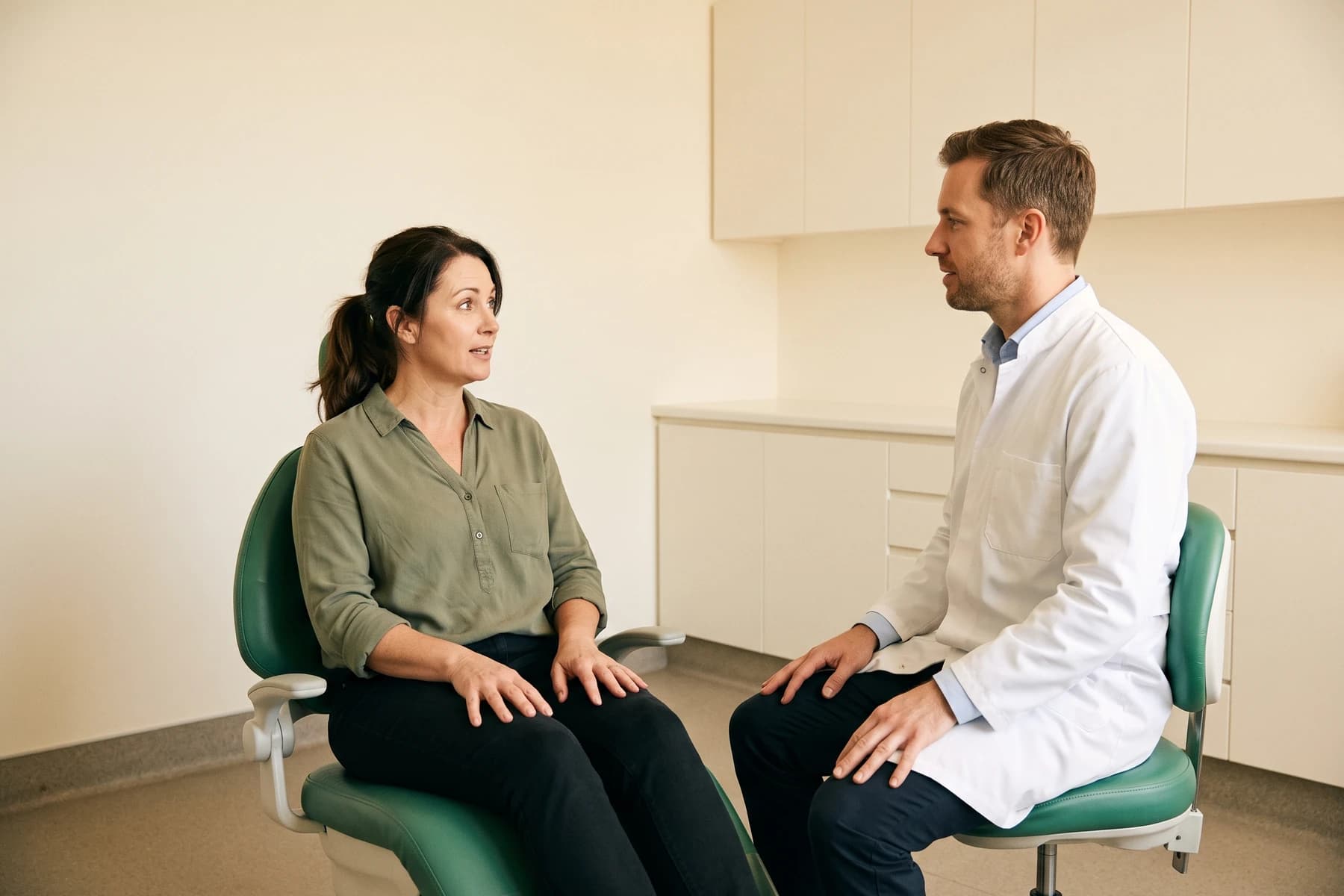Illustrative dental consultation accompanying questions about differences between veneer quotes.