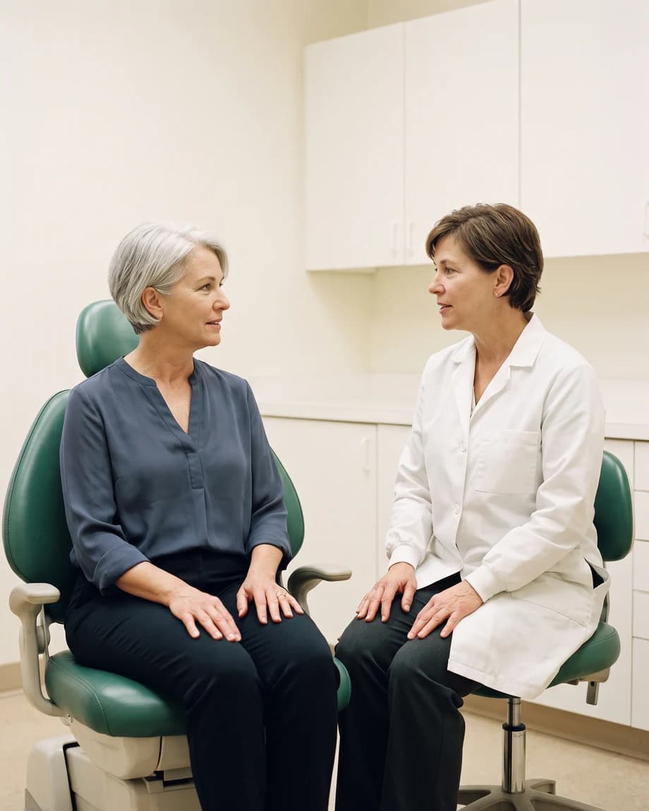 Illustrative dental discussion between an older adult woman and a dentist in a white coat.