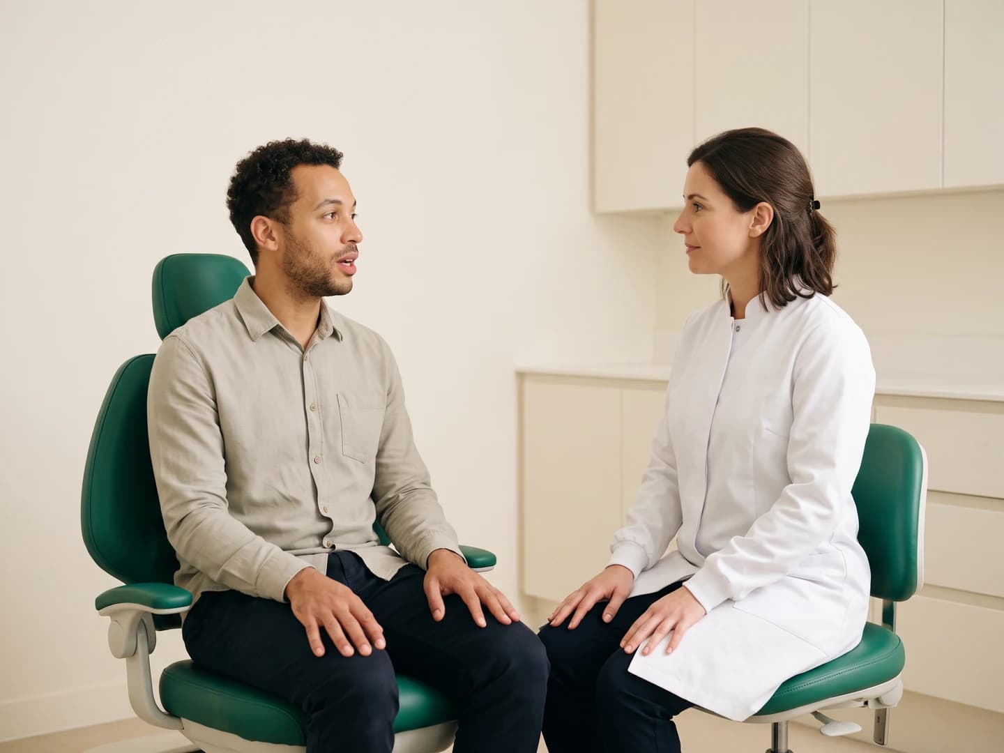 Illustrative discussion between an adult man with curly hair and a dentist in a white coat.