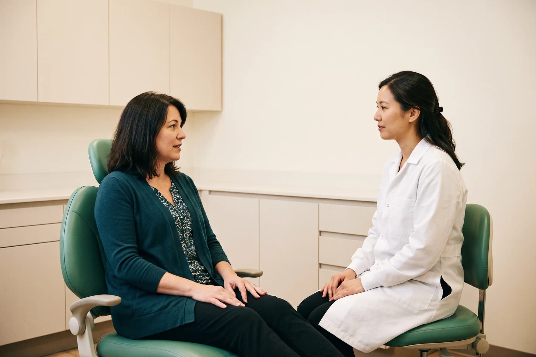Illustrative dental discussion between an adult woman and a dentist in a white coat.