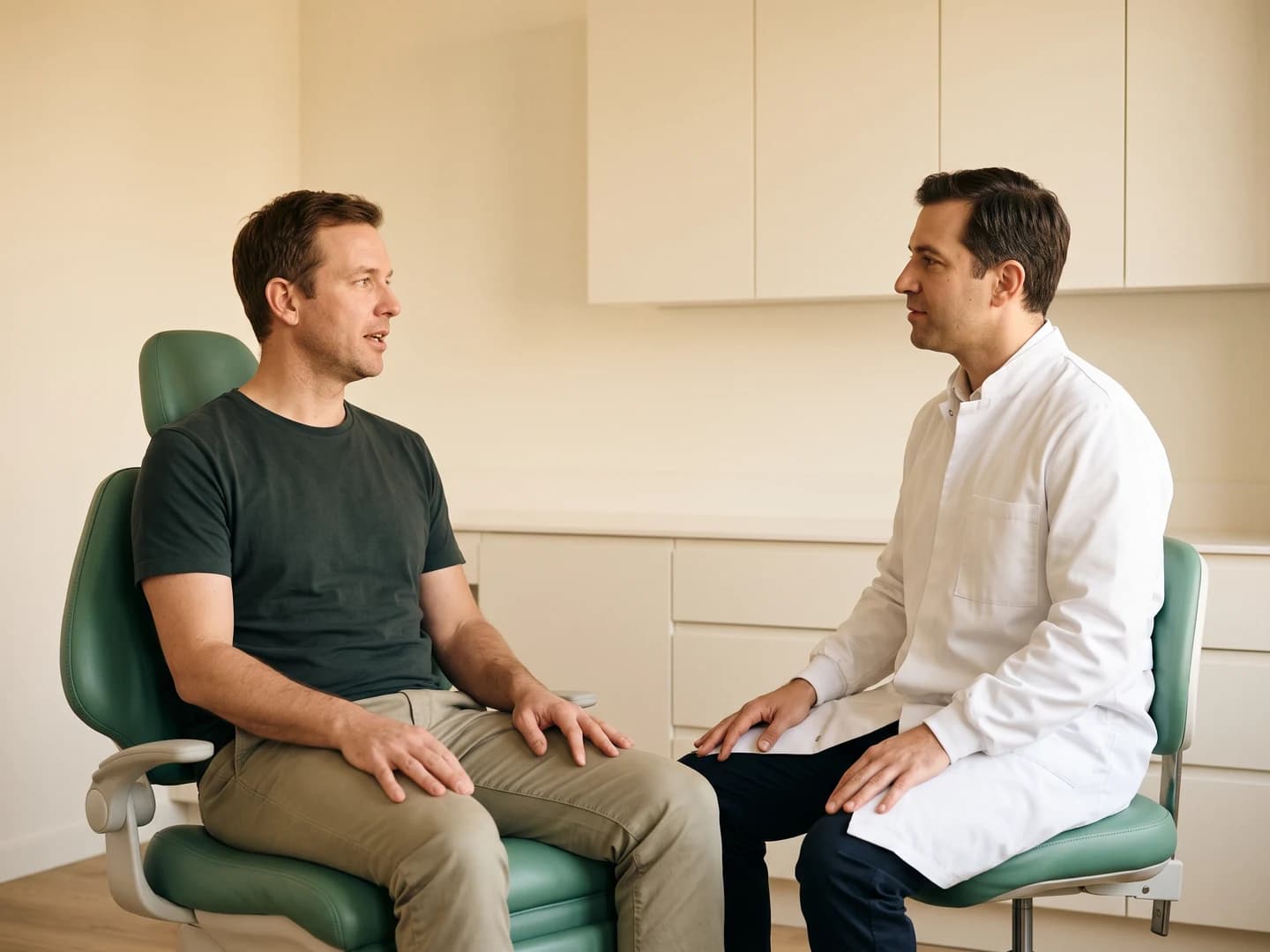 Illustrative discussion between a seated adult man and a dentist in a white coat.