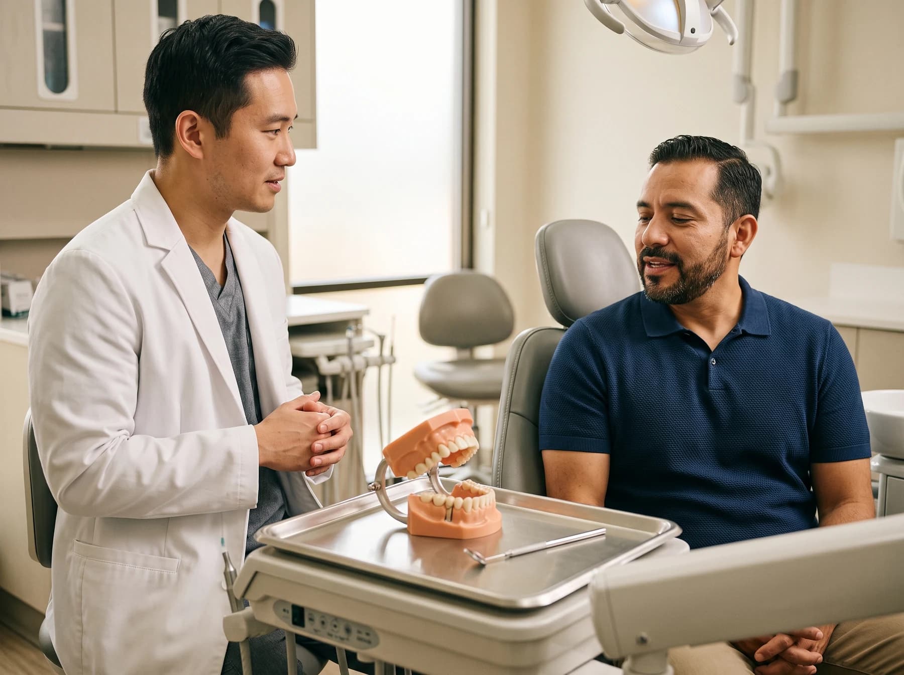 Man in a navy polo beside a dentist and a dental model on a tray