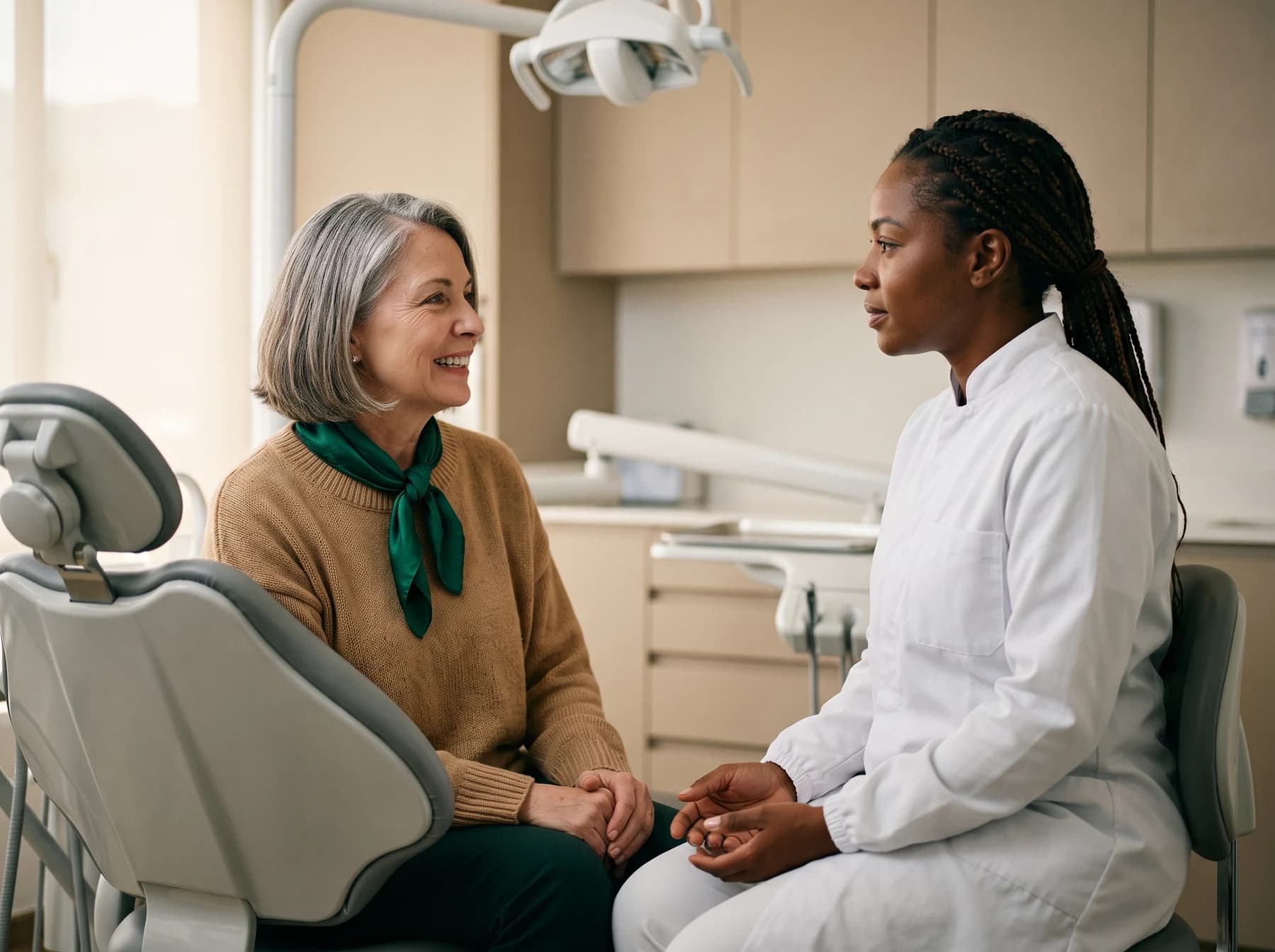 Gray-haired woman with a green scarf talking with a dentist beside a dental chair