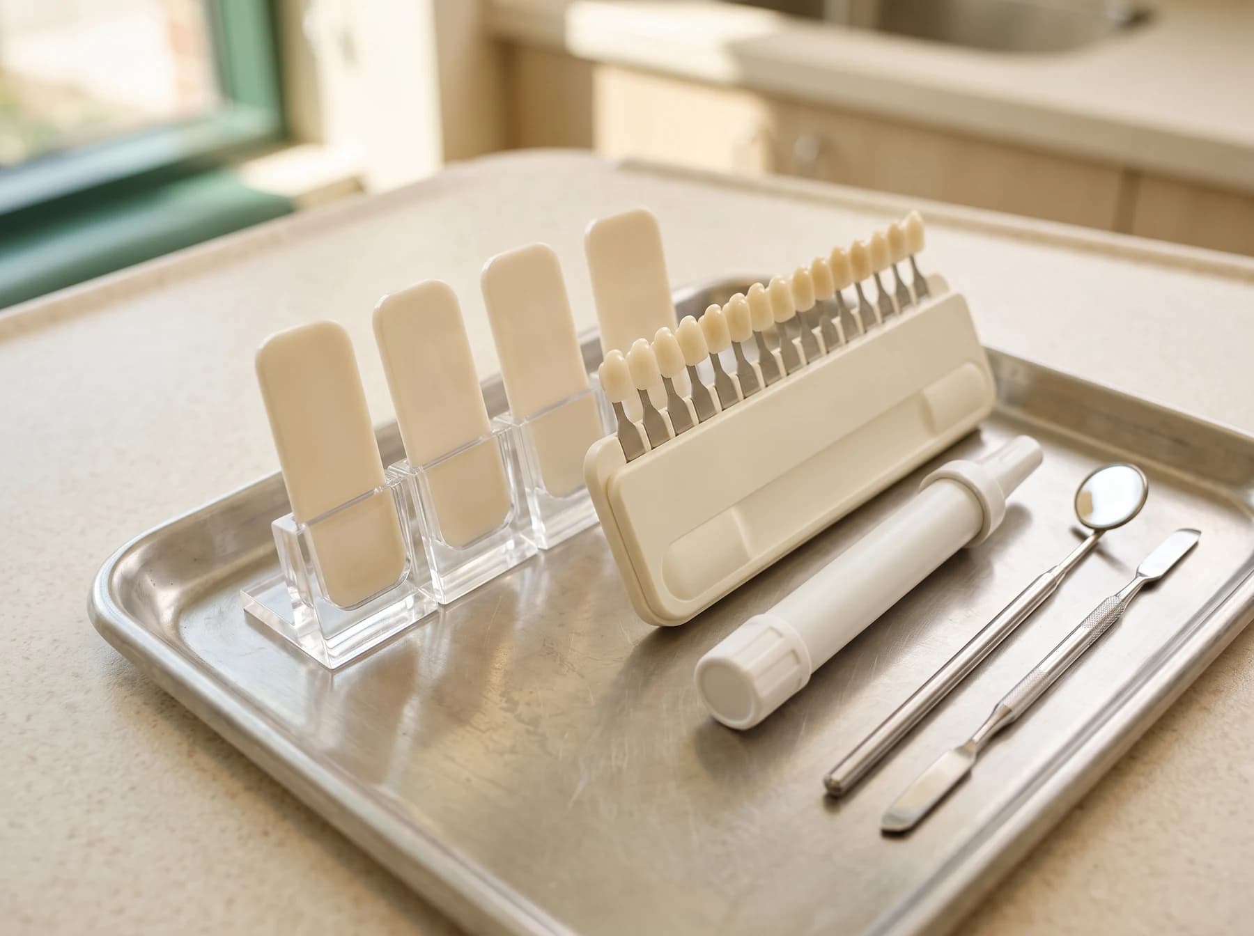 Dental sample holders, a mirror and instruments arranged on a metal tray