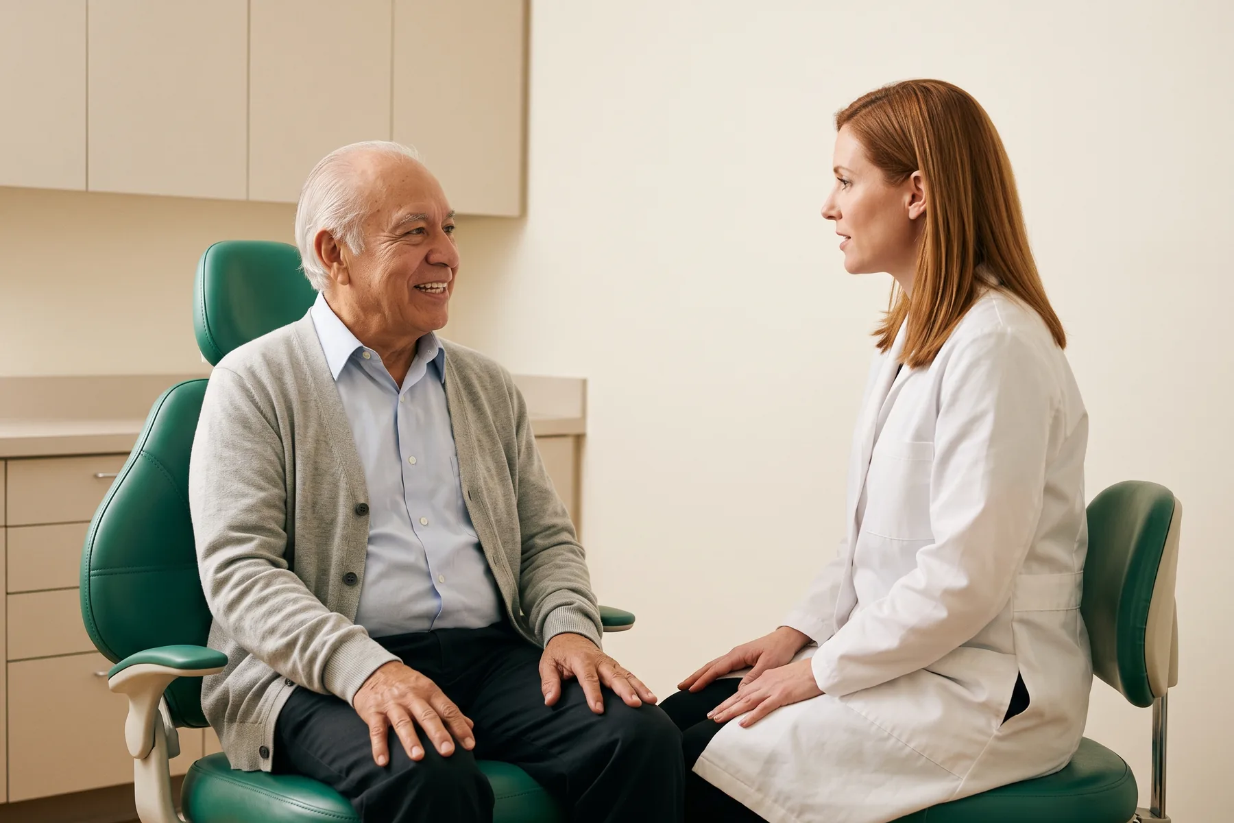 Illustrative dental conversation with a smiling older man in a light grey cardigan and a dentist in a white coat.