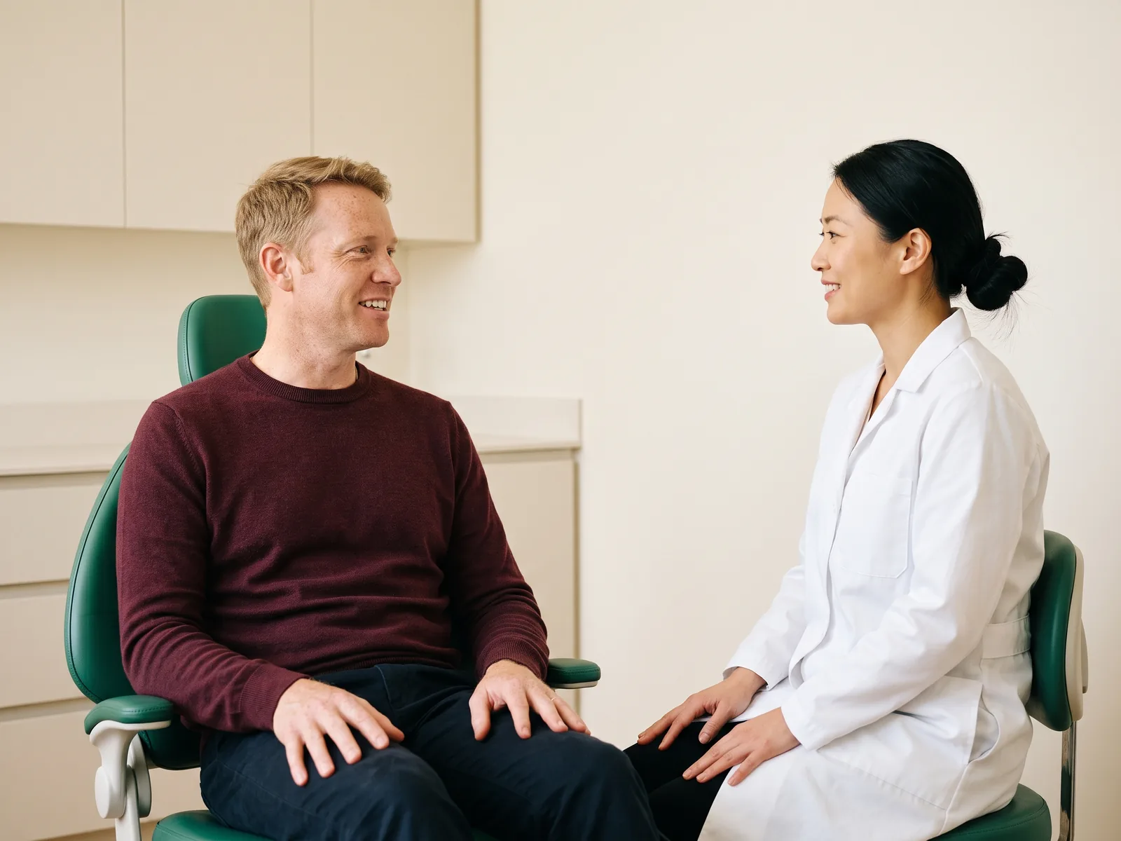 Illustrative dental conversation with a smiling man in a burgundy sweater and a dentist in a white coat.