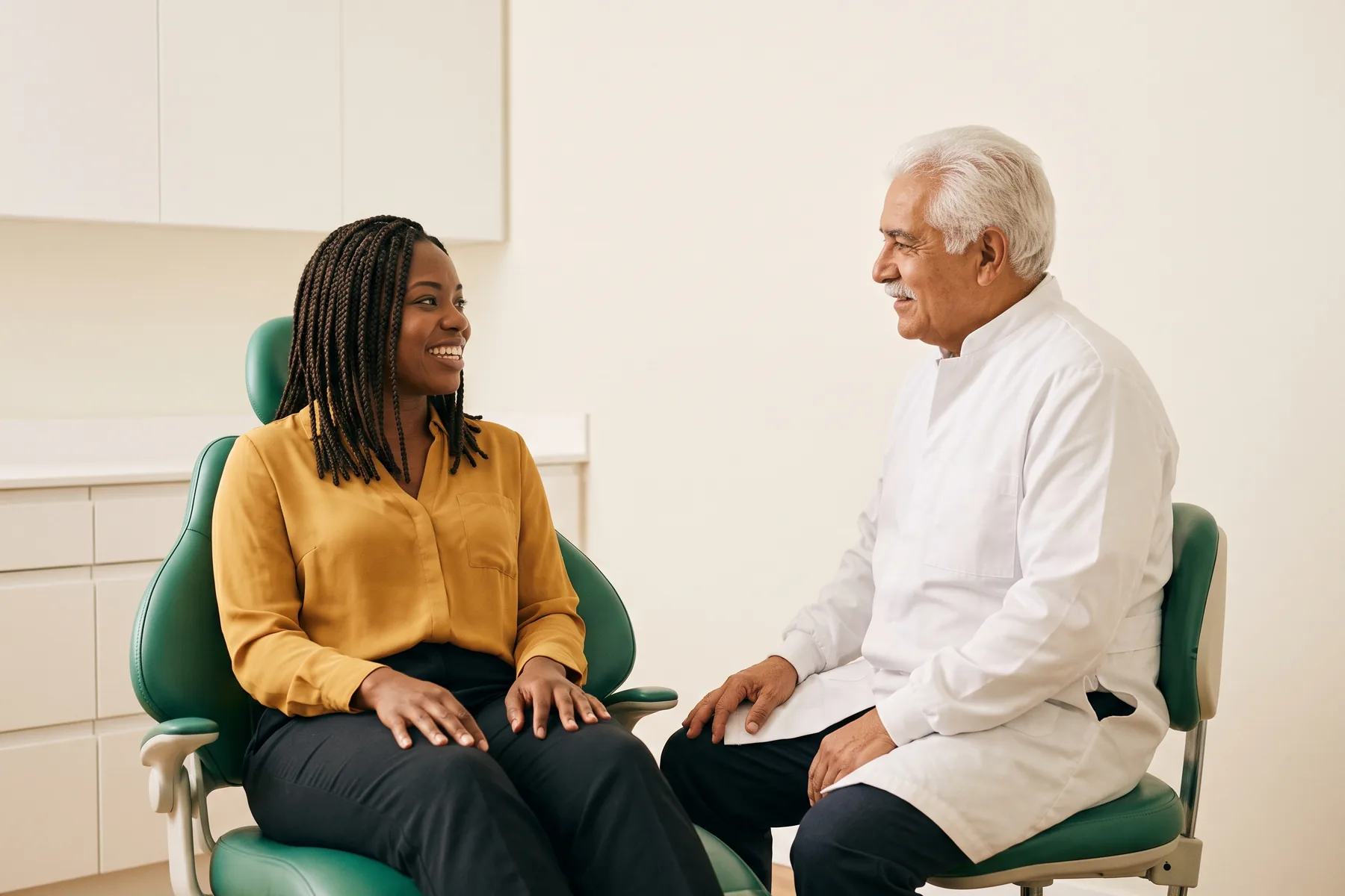 Illustrative dental conversation with a smiling woman with box braids in a mustard blouse and a dentist in a white coat.