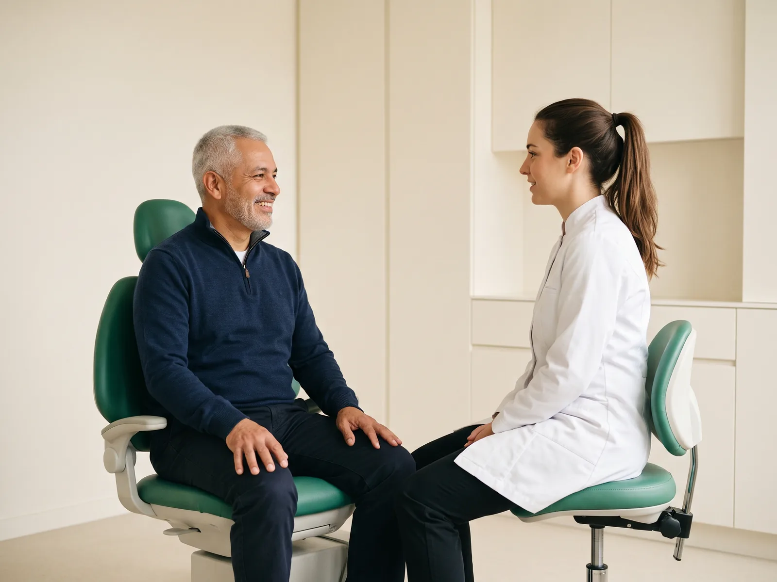 Illustrative dental conversation with a smiling man with a grey beard in a navy sweater and a dentist in a white coat.