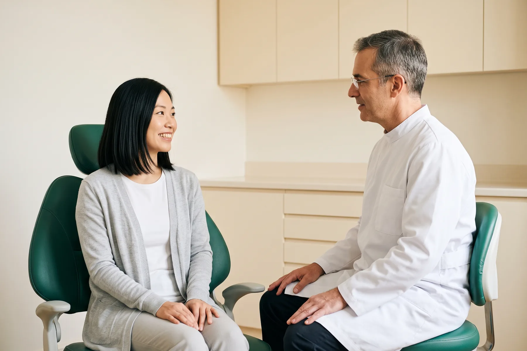 Illustrative dental conversation with a smiling woman with a black bob in a grey cardigan and a dentist in a white coat.