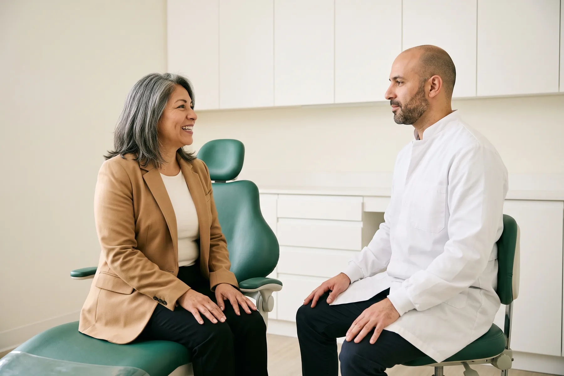 Illustrative dental conversation with a smiling woman in a camel blazer and a dentist in a white coat.