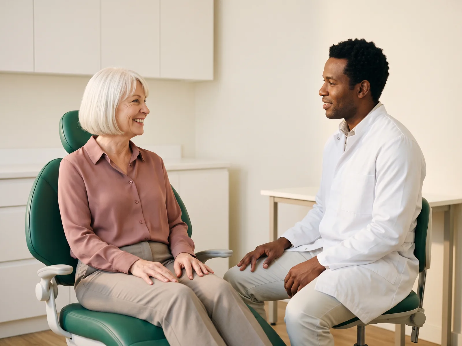 Illustrative dental conversation with a smiling woman with white hair in a dusty rose blouse and a dentist in a white coat.