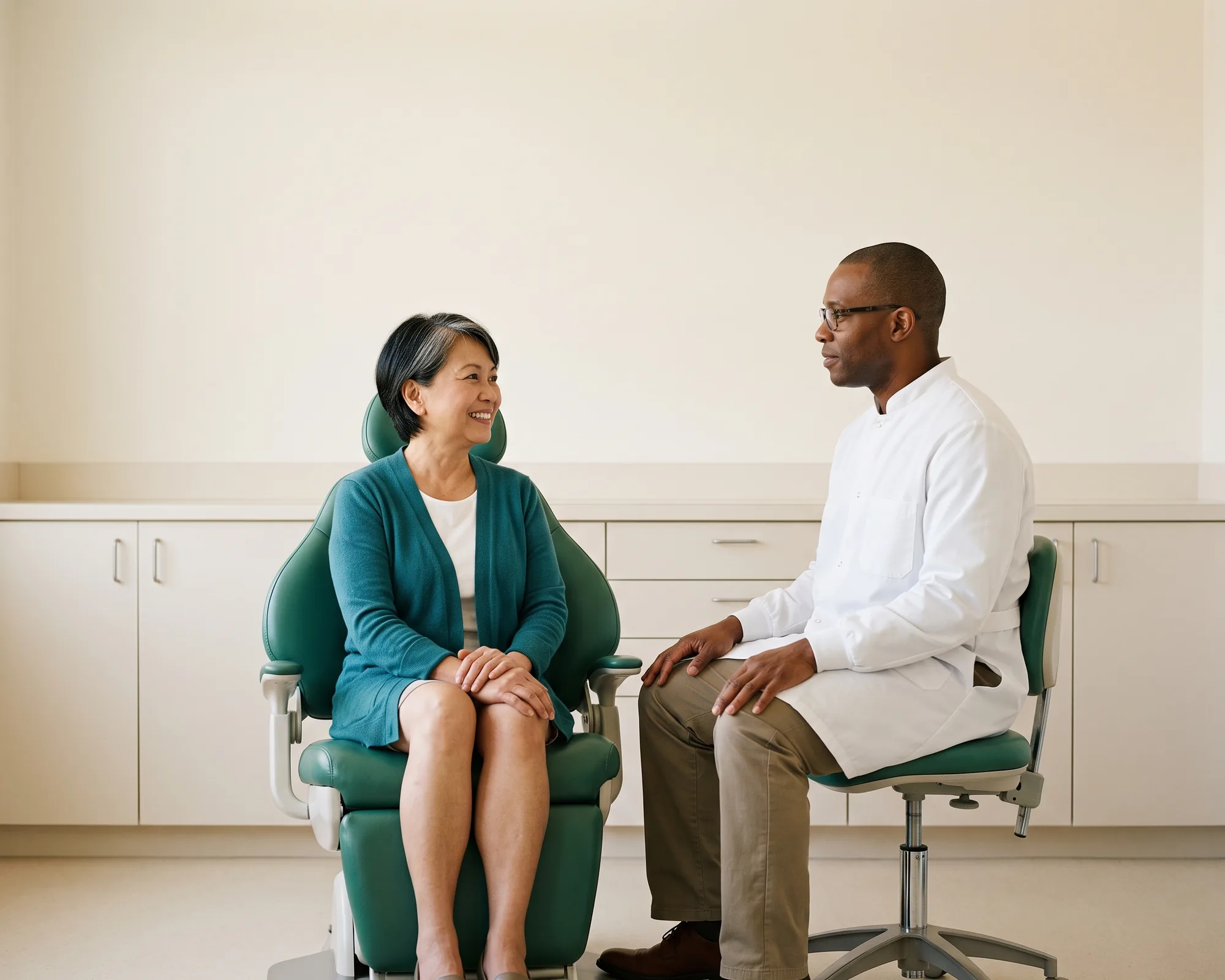 Illustrative dental conversation with a smiling woman in a teal cardigan and a dentist in a white coat.