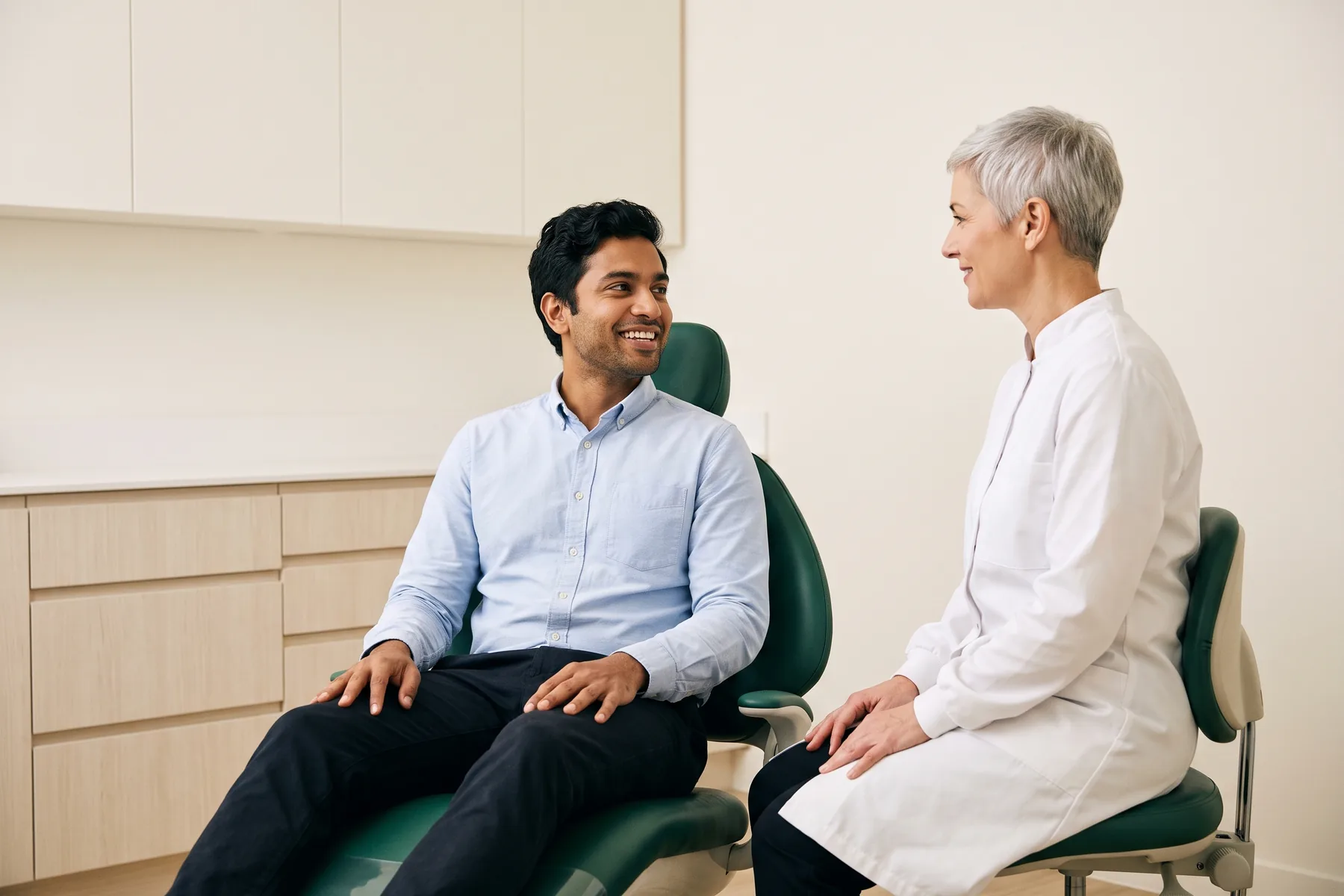 Illustrative dental conversation with a smiling young man in a light blue shirt and a dentist in a white coat.