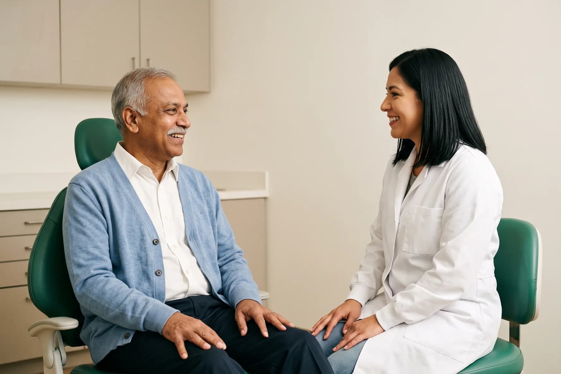 Illustrative dental conversation with a smiling man with a grey mustache in a light blue cardigan and a dentist in a white coat.